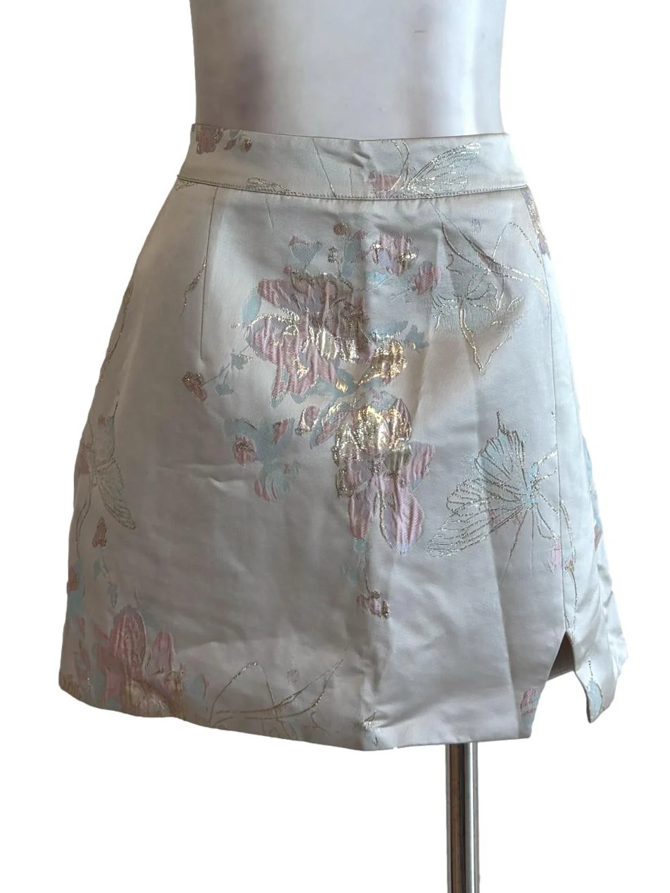 Champagne White Floral Embroidery Mini Skirt
