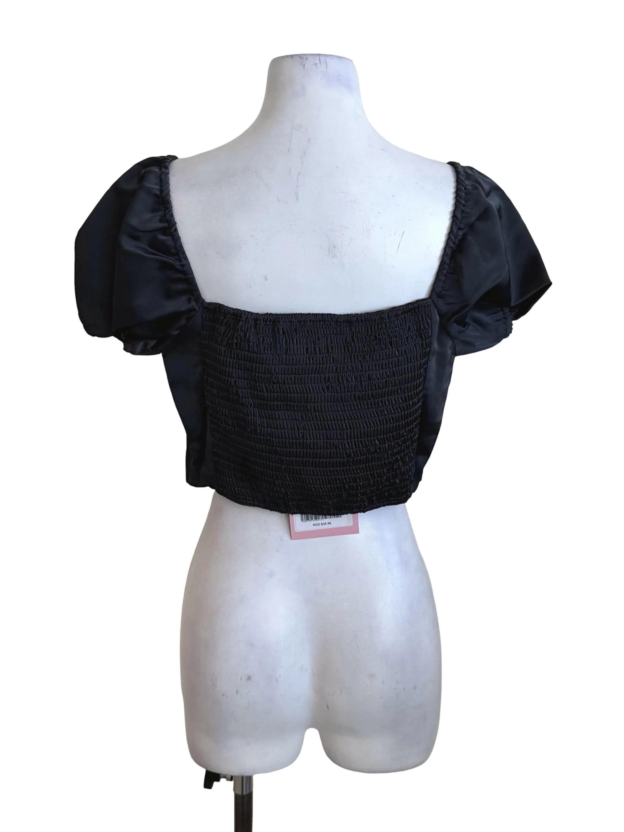 Charcoal Black Ruched Puff Sleeve Top - Image 2