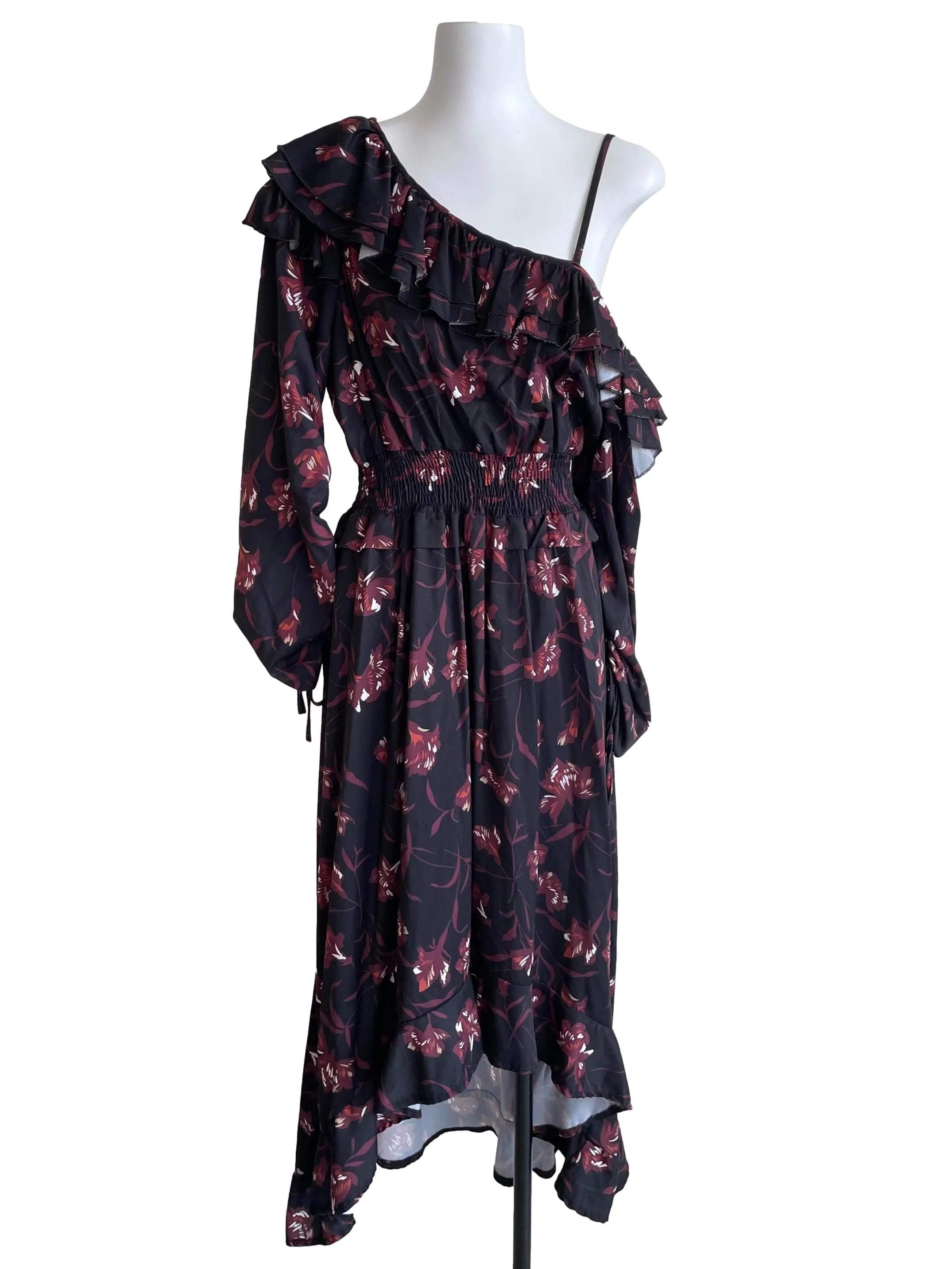 Charcoal Floral Scrunch Sleeves Ruffle Dress