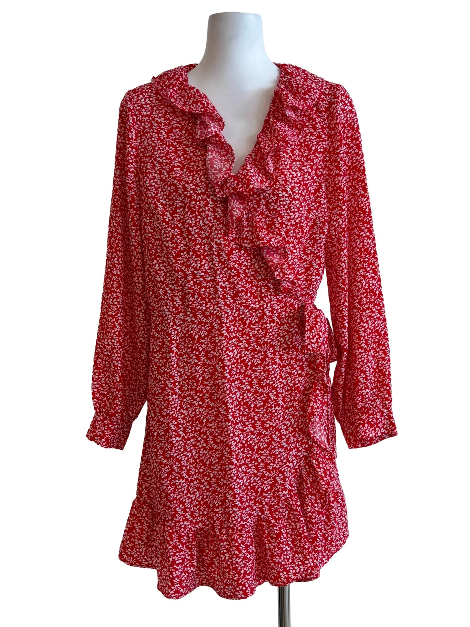 Cherry Red Floral Ruffle Wrap Dress