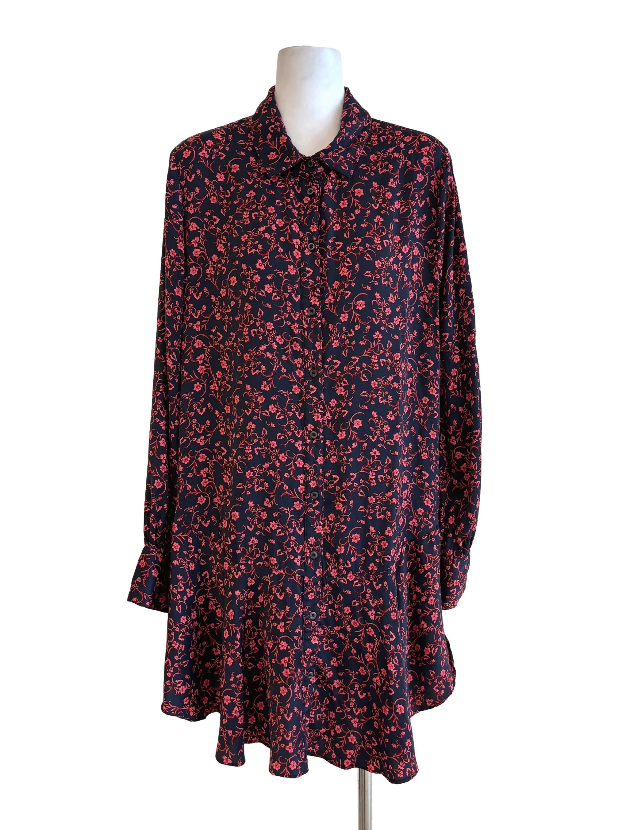 Cherry Red Floral Satin Shirt Dress