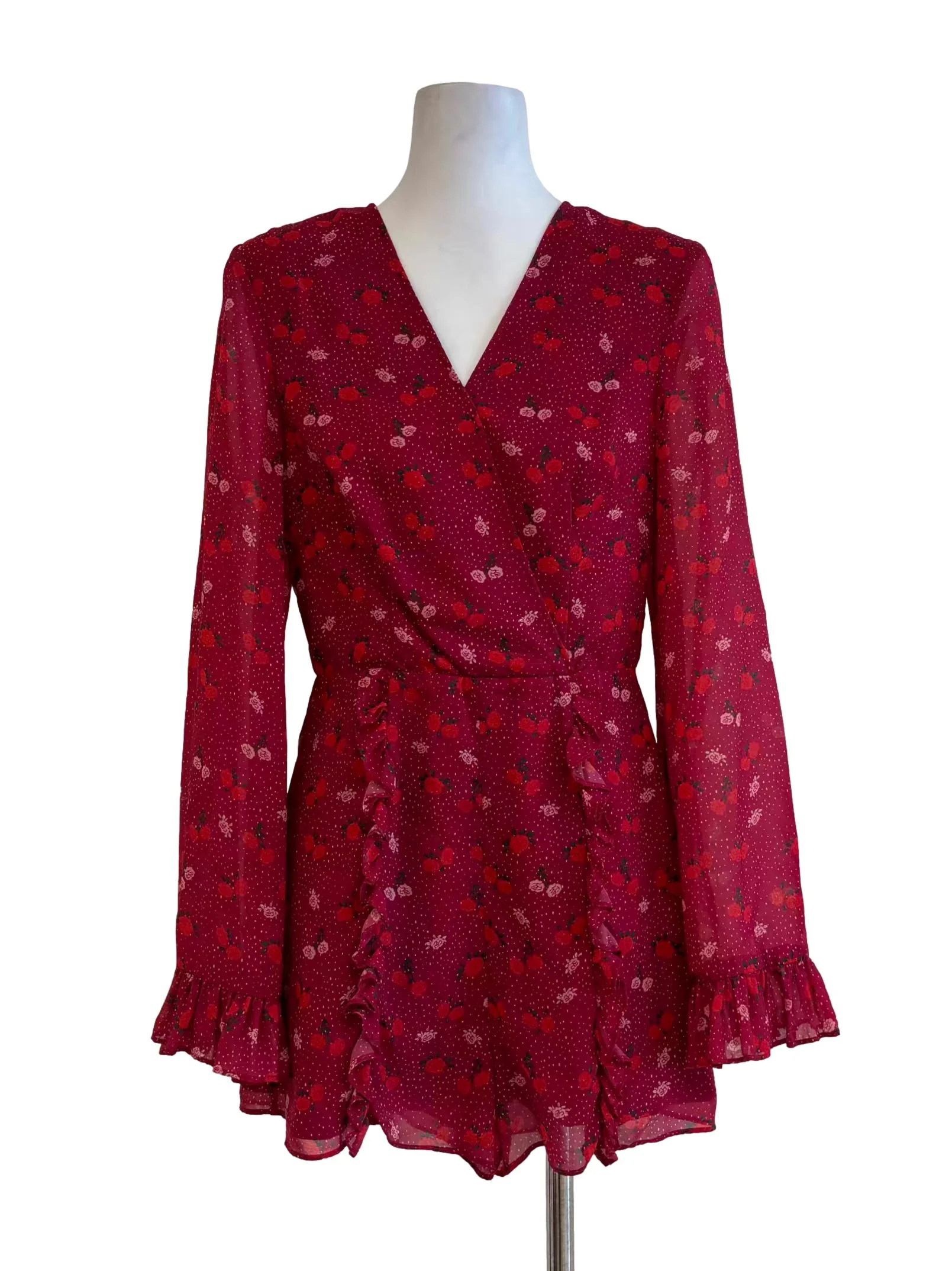 Cherry Red Roses Long Sleeve Romper