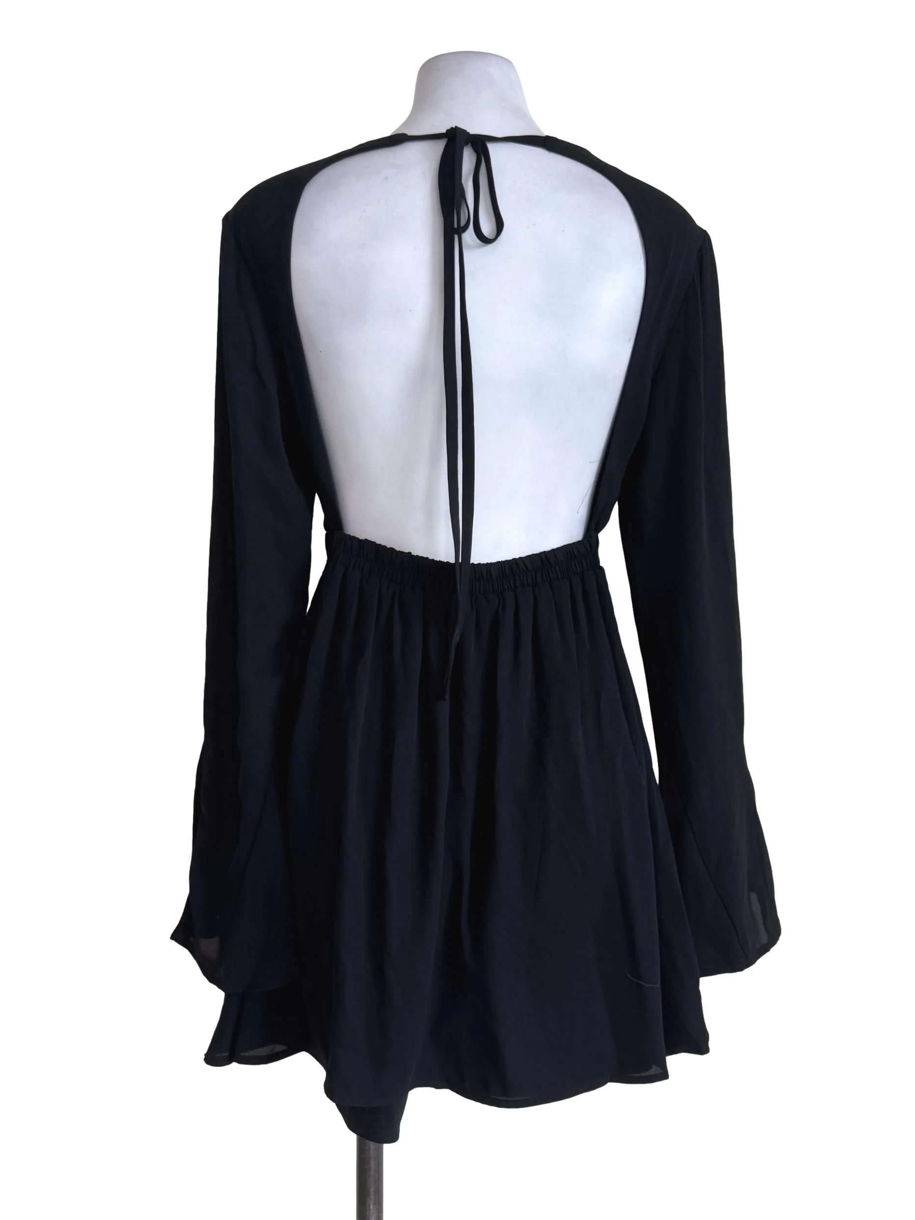 Chiffon Black Halter Neck Long Sleeve Dress YHF - Image 2