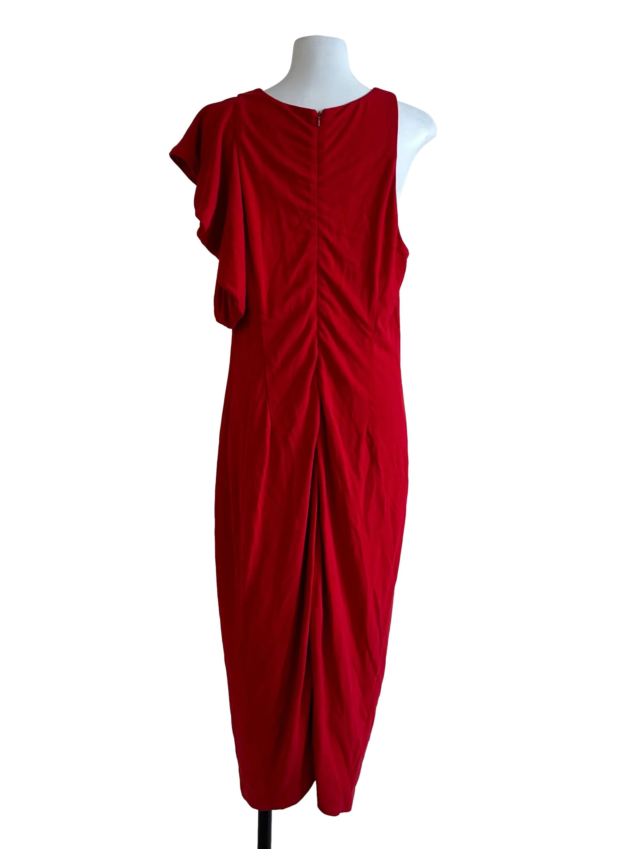 Chili Red Asymmetric Sleeve Ruched Dress - Image 2