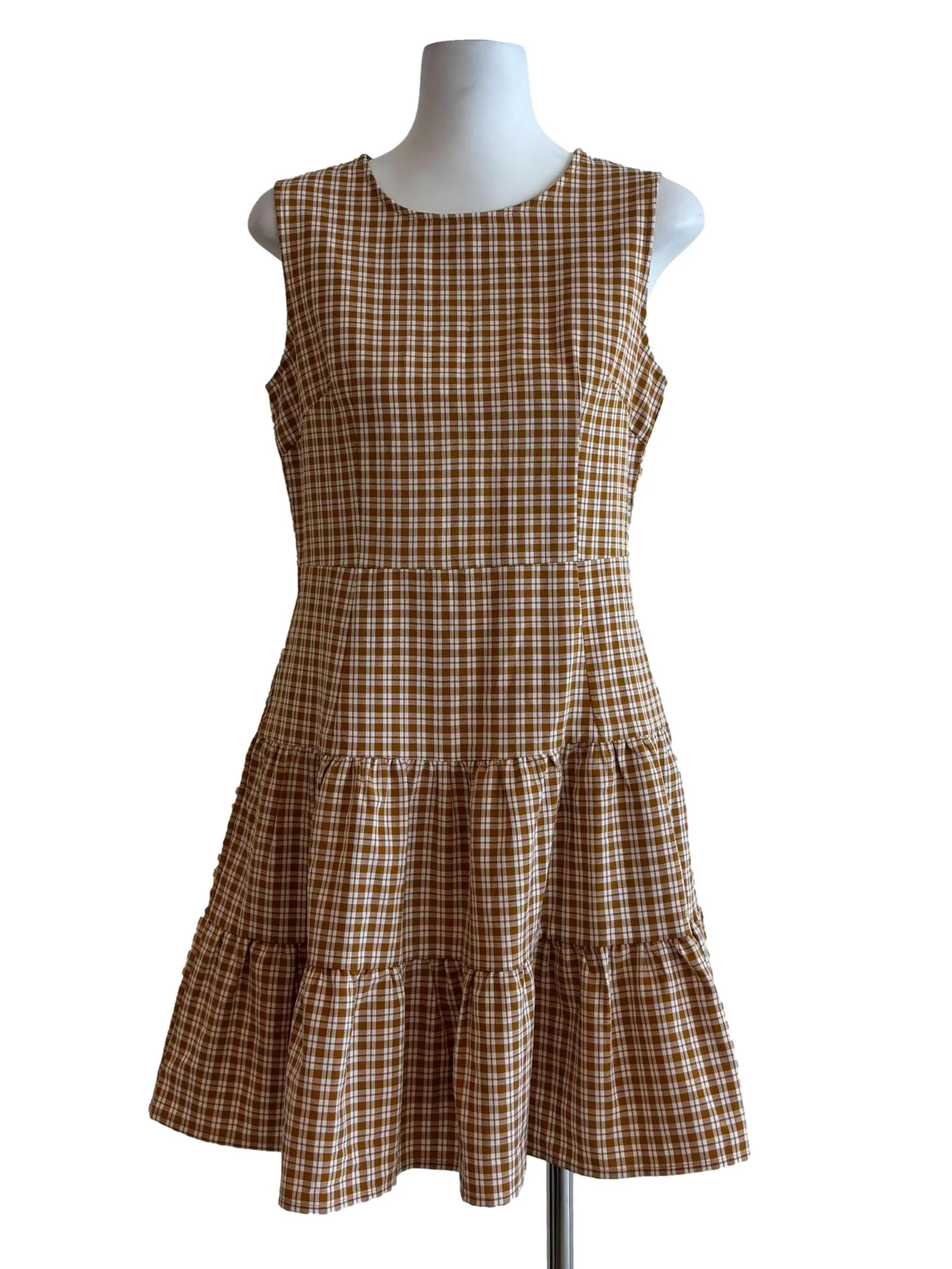 Cinnamon Brown Sleeveless Tiered Checkered Dress