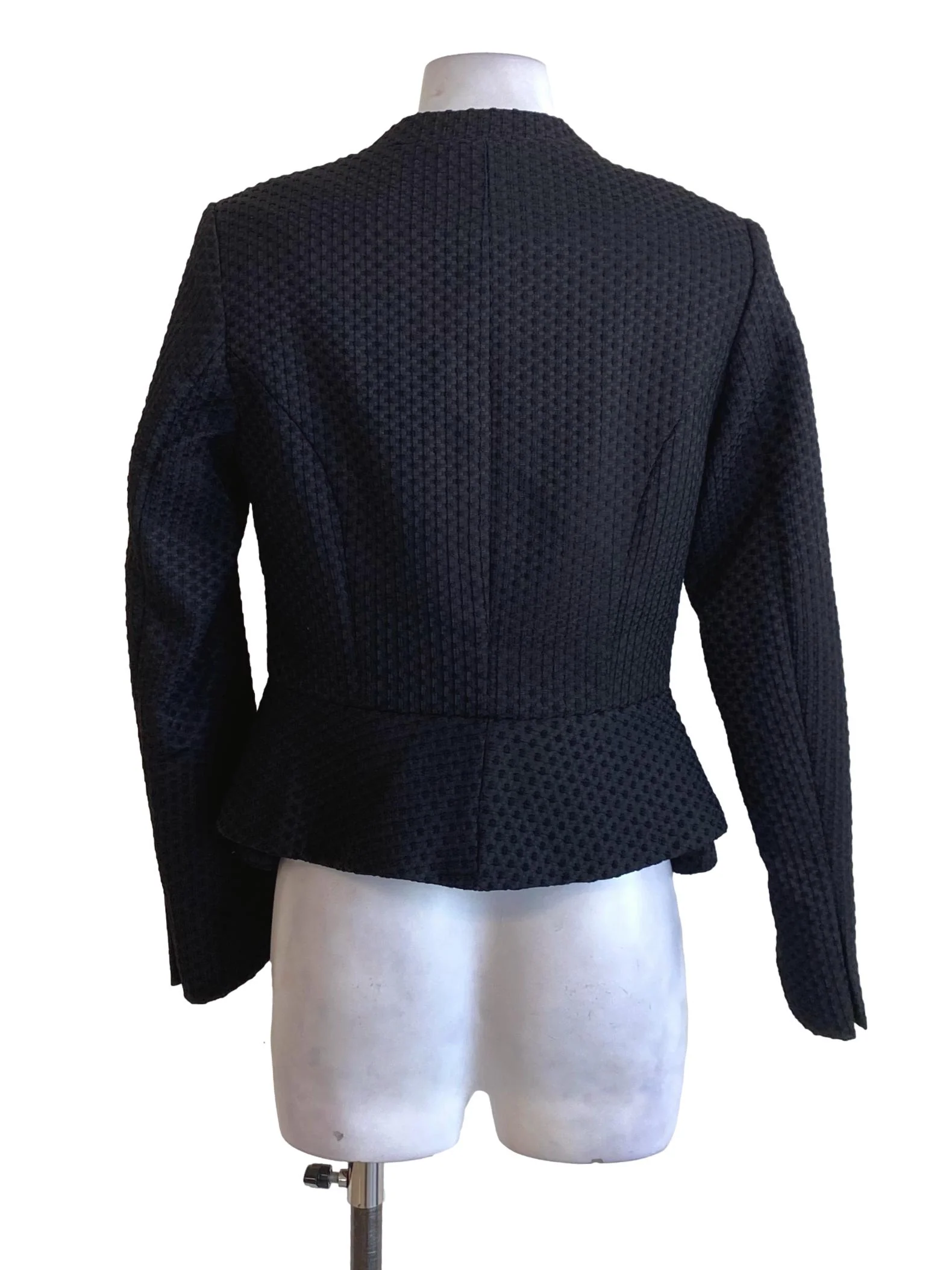 Coal Black Textured Buttoned Long Sleeve Peplum Blazer - Image 2