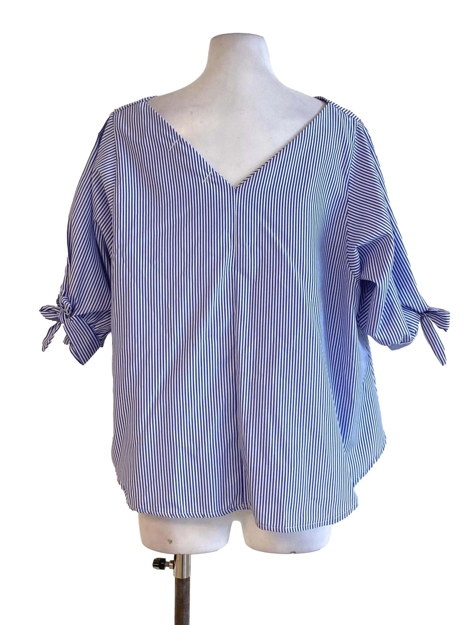 Cobalt Blue Thin Stripes V-Neck Shirt Blouse - Image 2