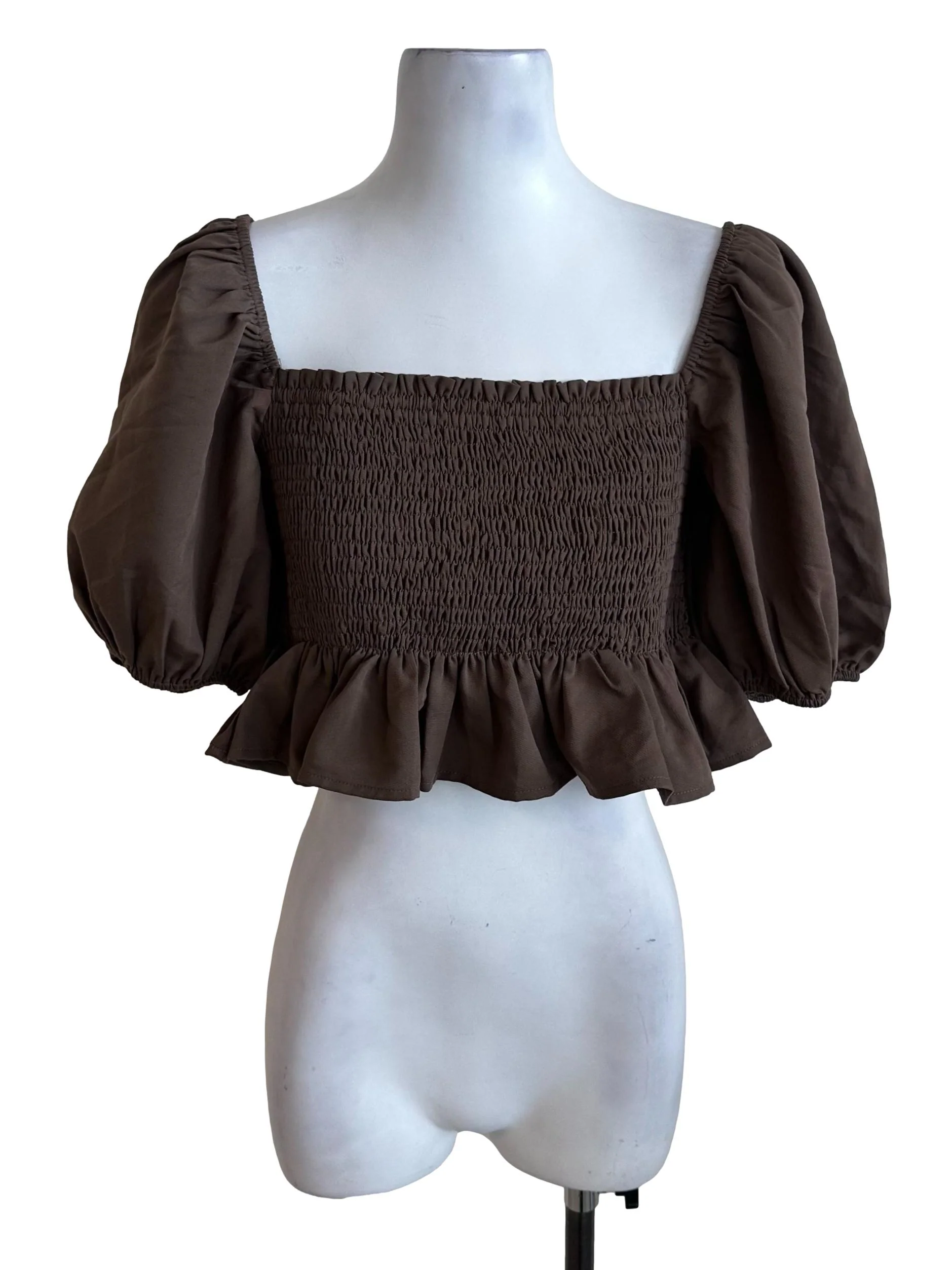 Coffee Brown Ruched Square Neck Peplum Top