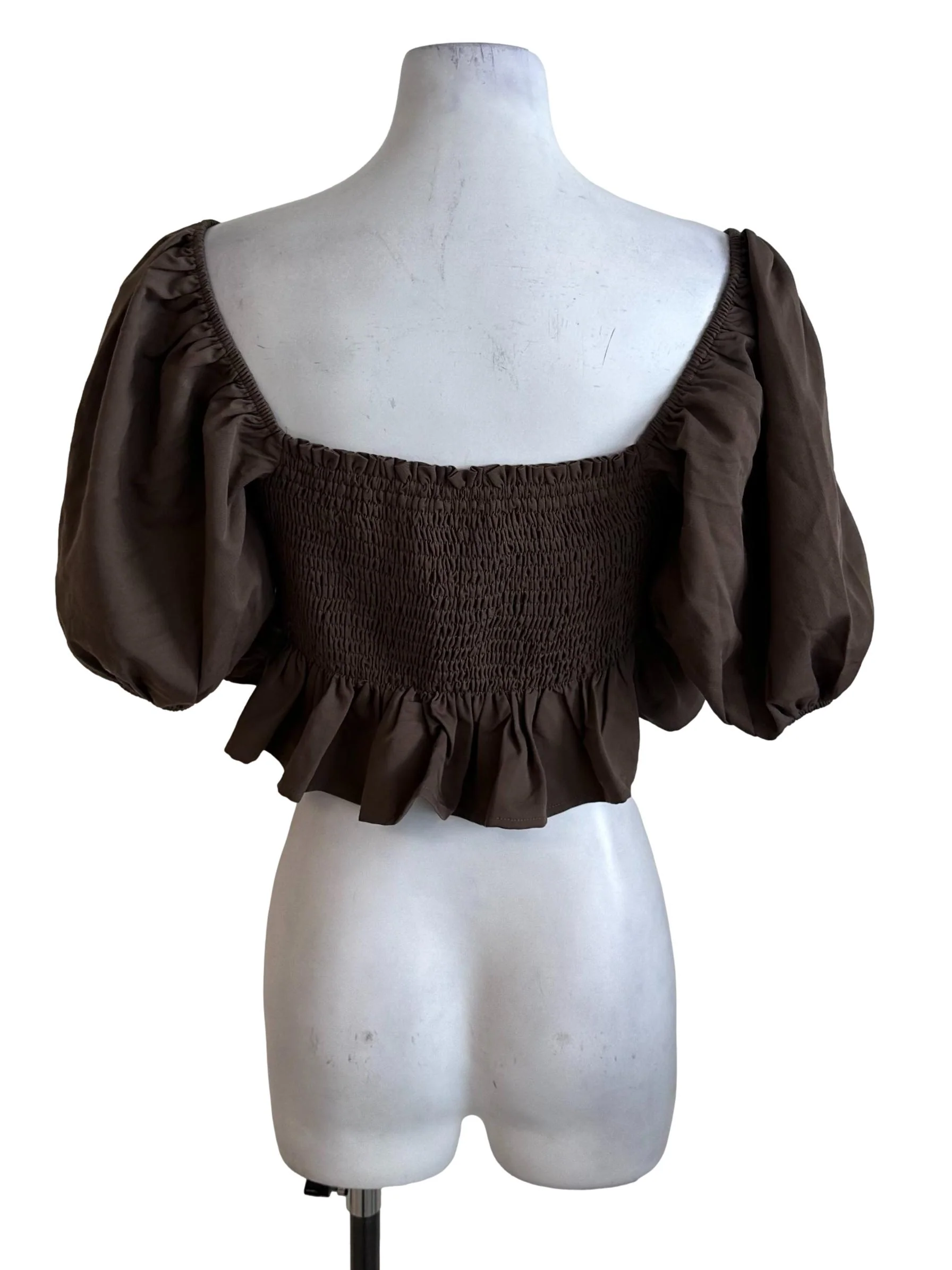 Coffee Brown Ruched Square Neck Peplum Top - Image 2