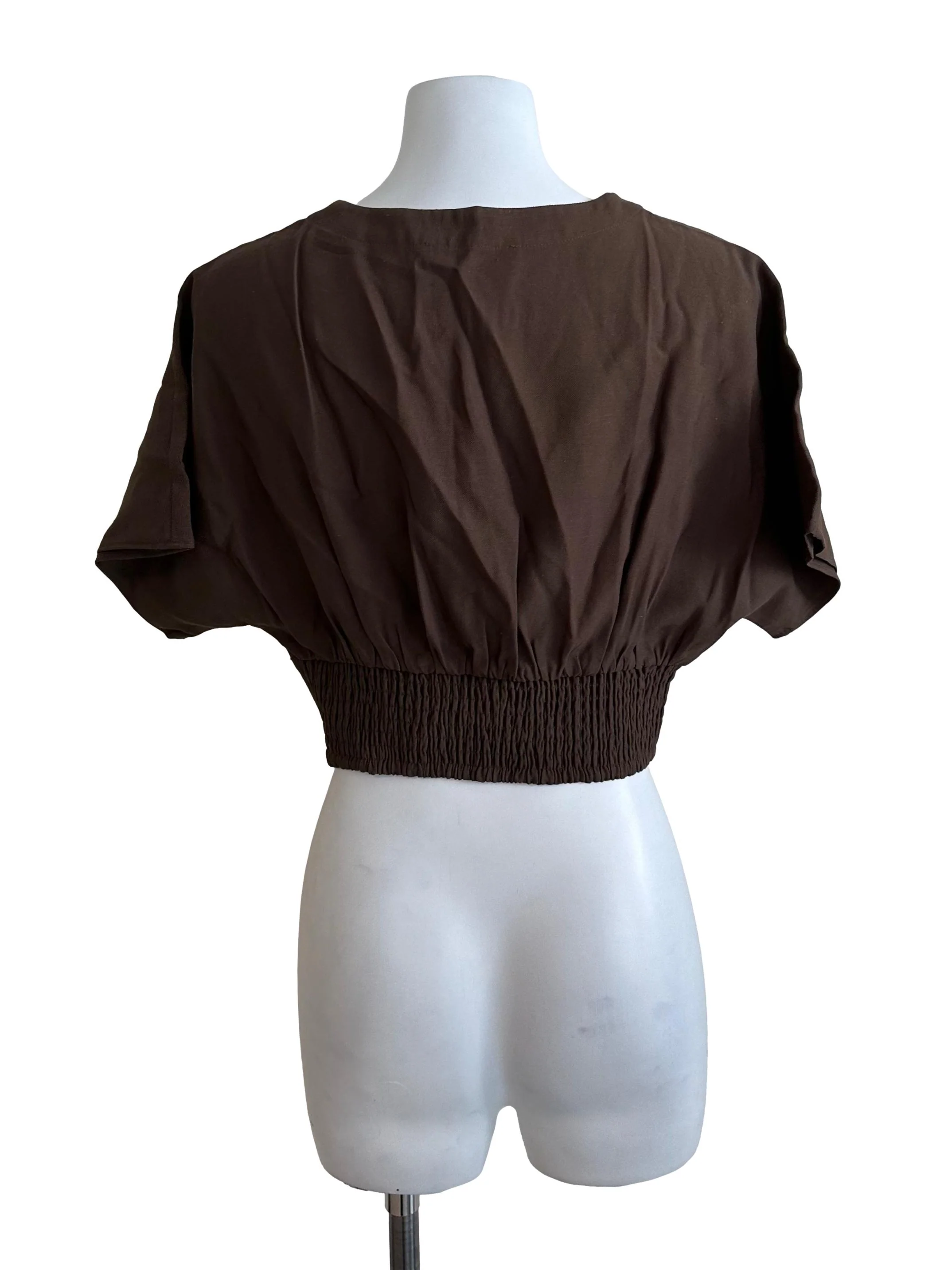 Coffee Brown V Neck Crop Blouse - Image 2