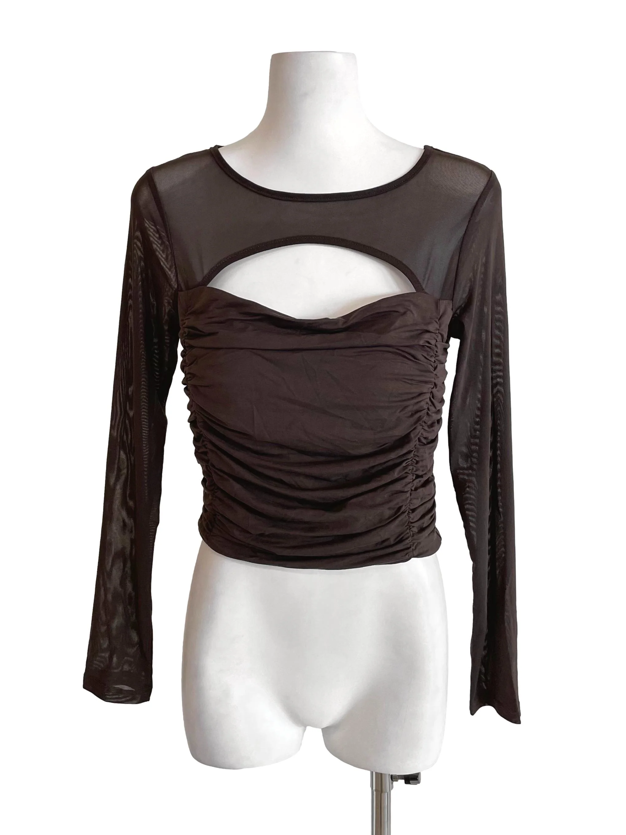Coffee Scrunch Mesh Sleeves Top