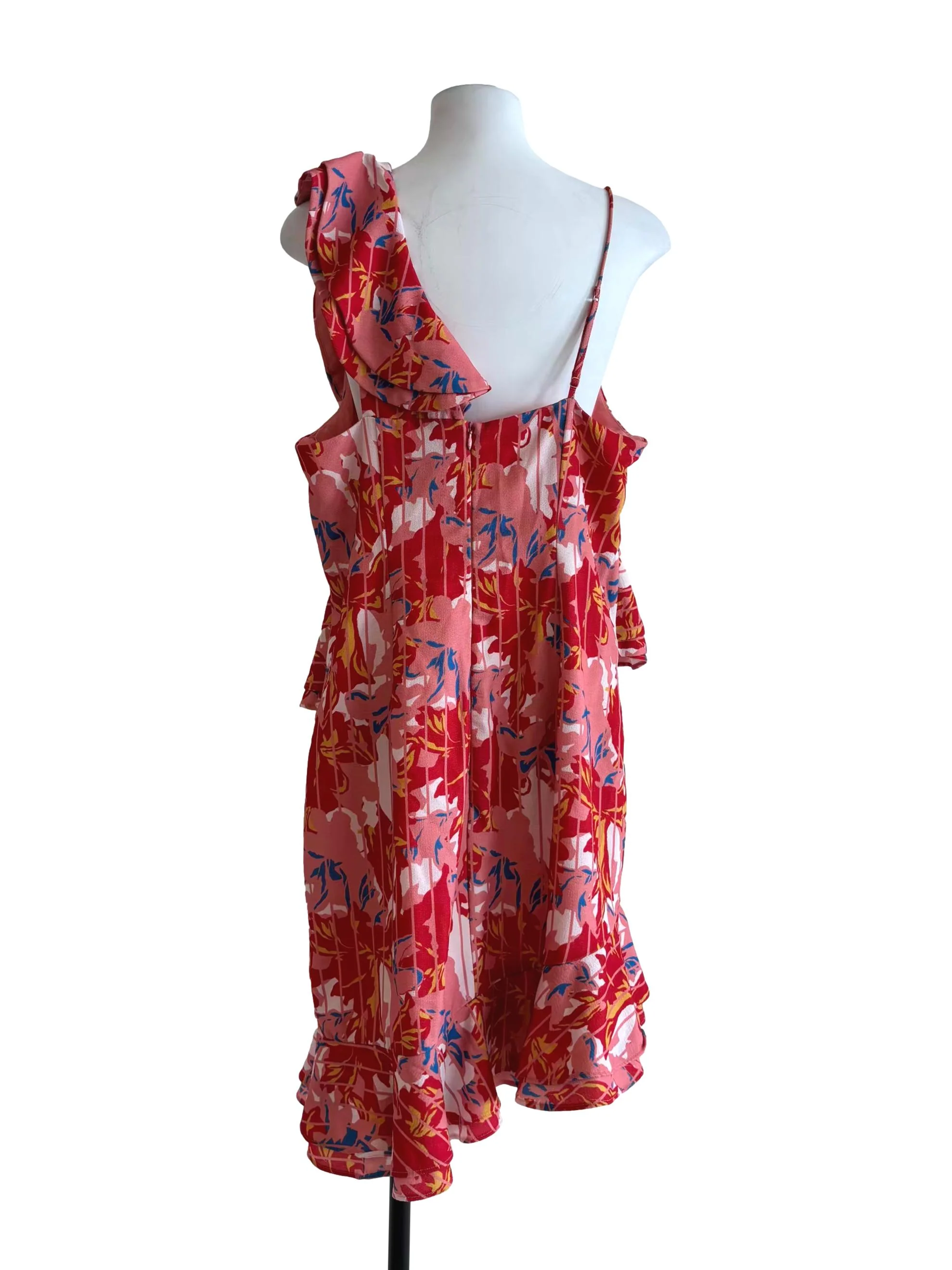 Coral Pink Asymmetrical Ruffle Dress - Image 2