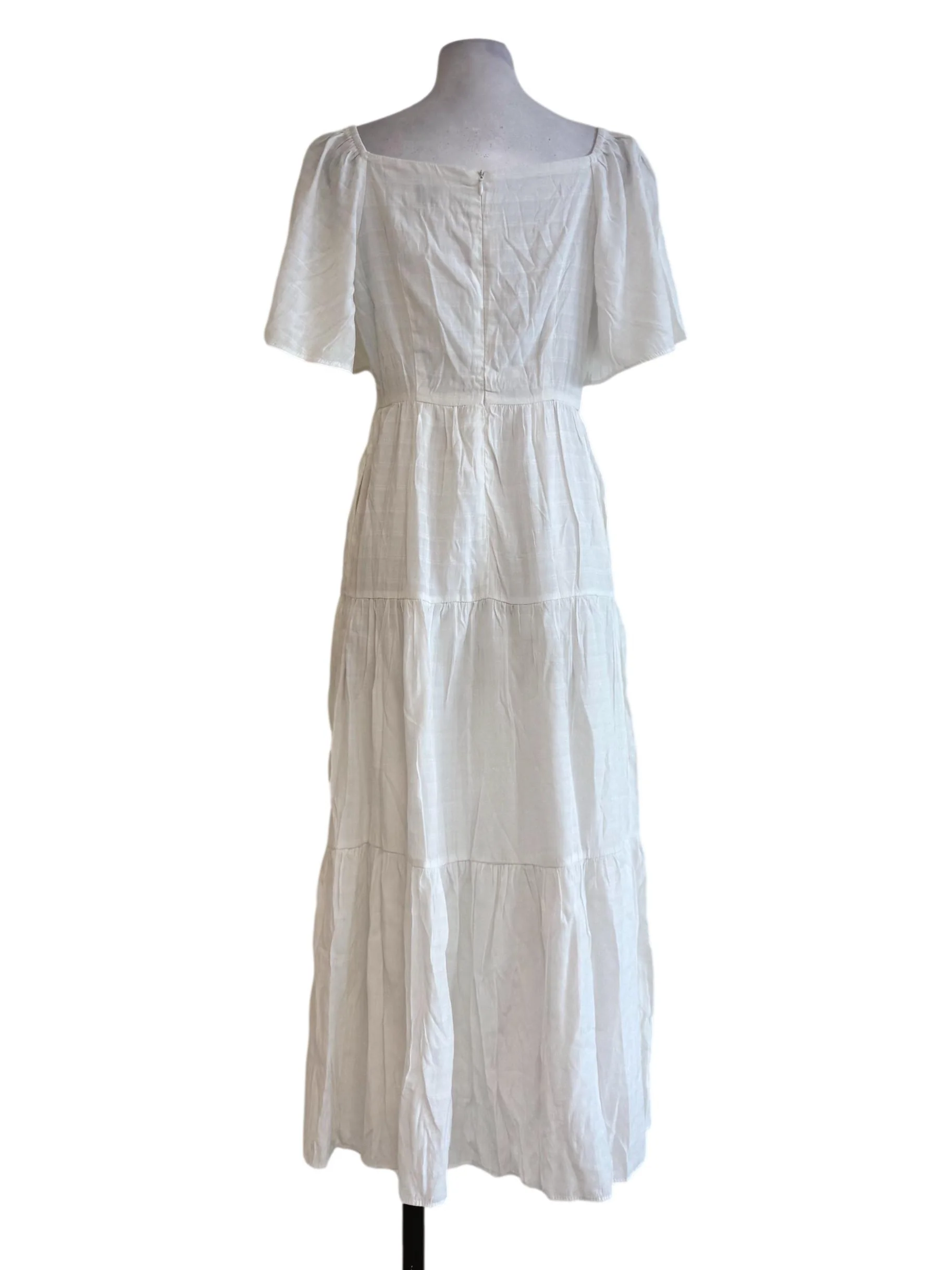 Cotton White V Neck Balloon Sleeve Layer Dress - Image 2