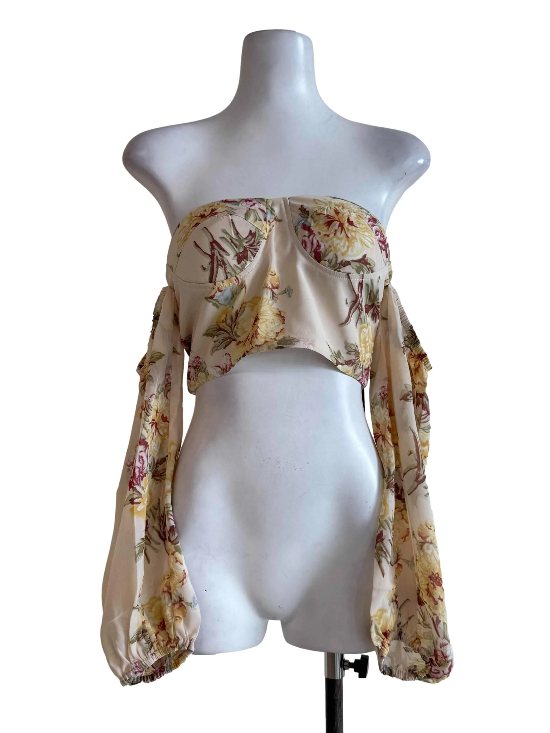 Cream Floral Motifs Padded Crop Top