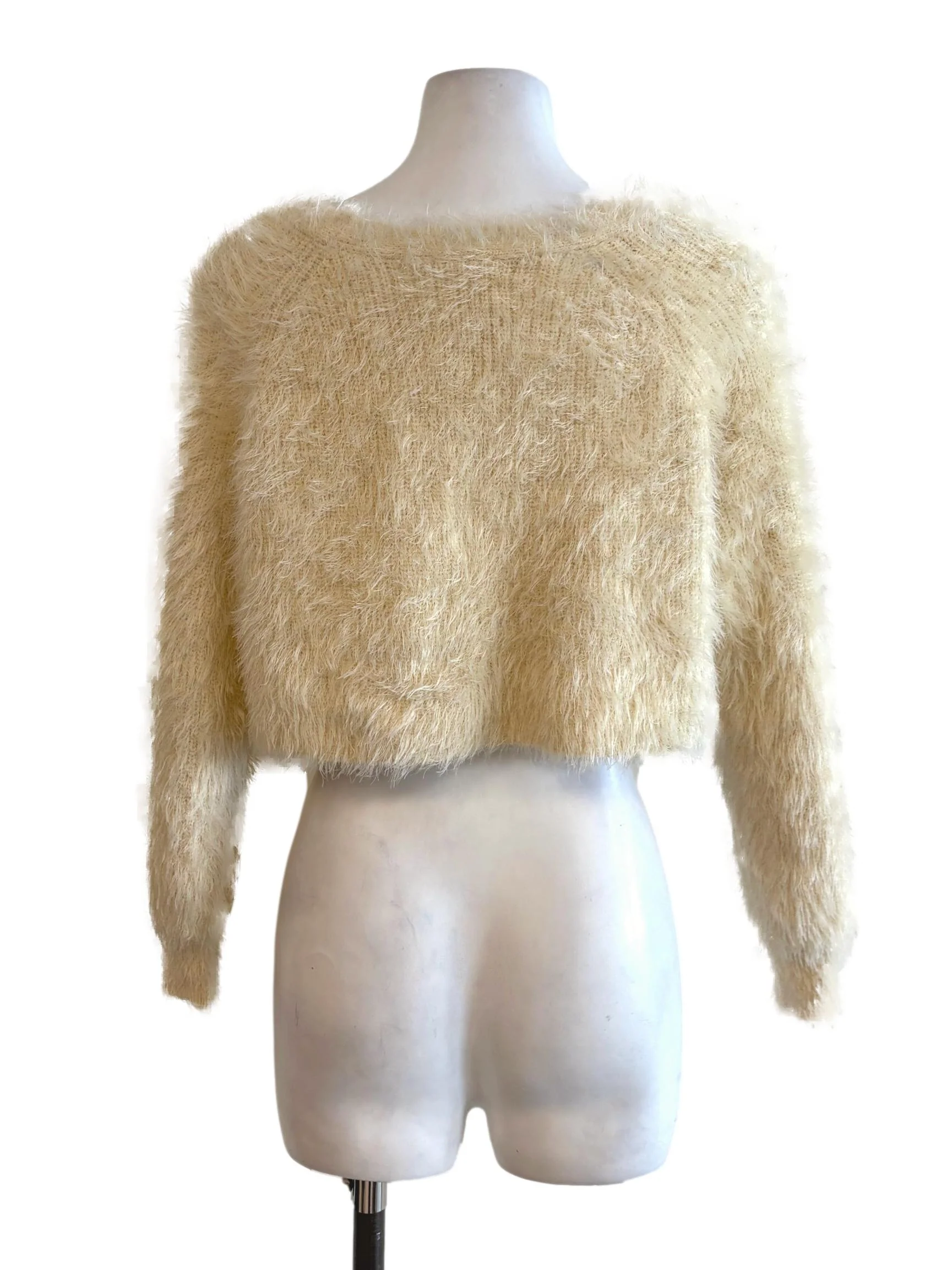 Cream Fuzzy Knitted Pearl Button Cardigan - Image 2