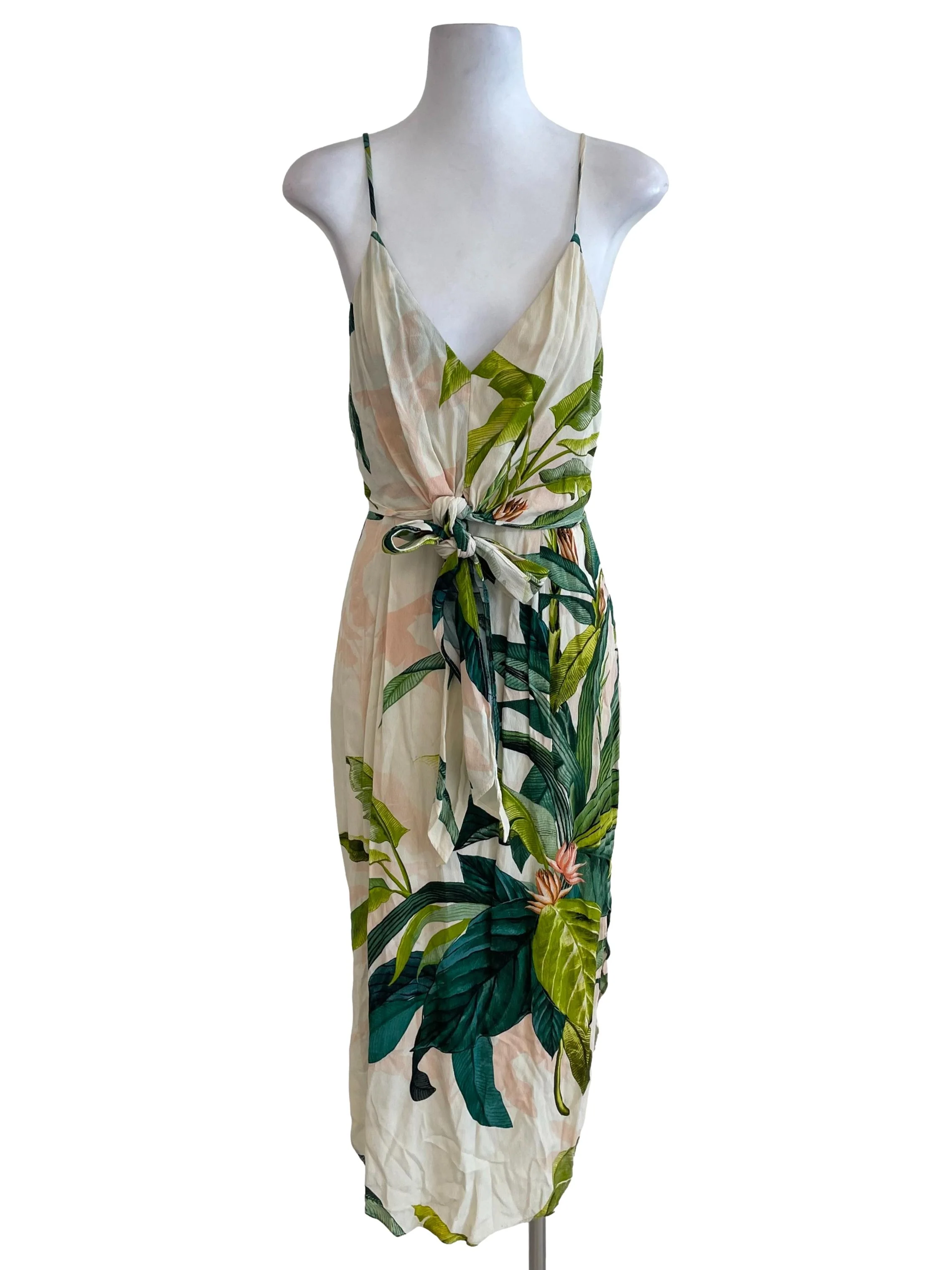 Cream Tropical V Neck Cami Dress