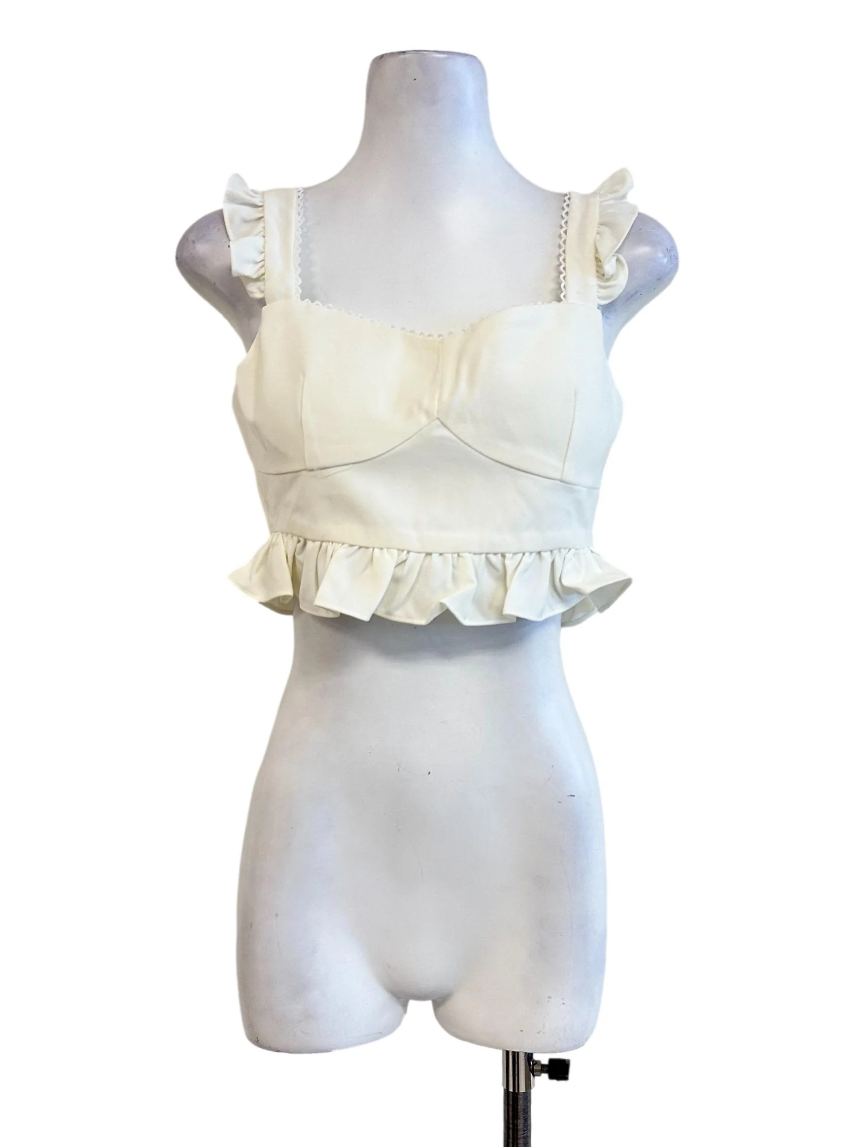 Cream White Padded Ruffles Sleeveless Top