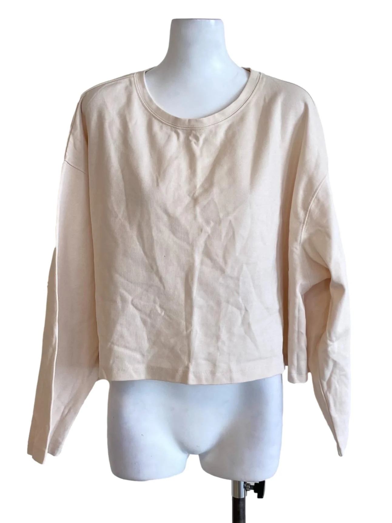 Cream White Round Neck Long Sleeve T-Shirt
