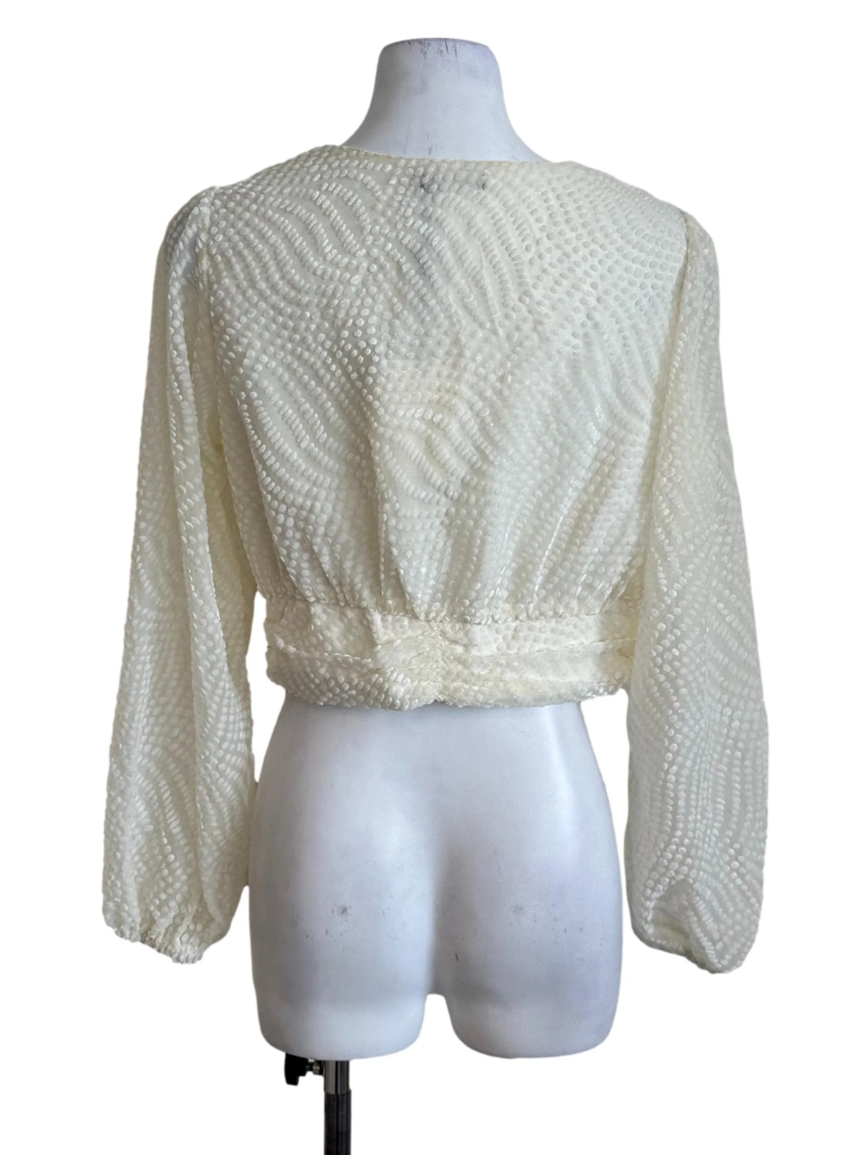 Cream White Textured V Neck Button Top - Image 2