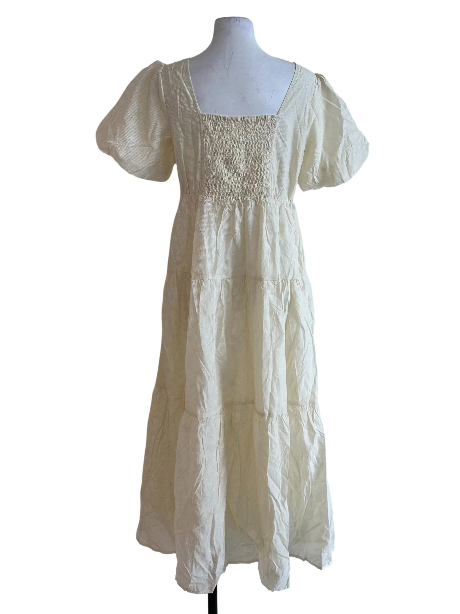 Cream Yellow Textured Tiered Puff Sleeve Dress - Image 2