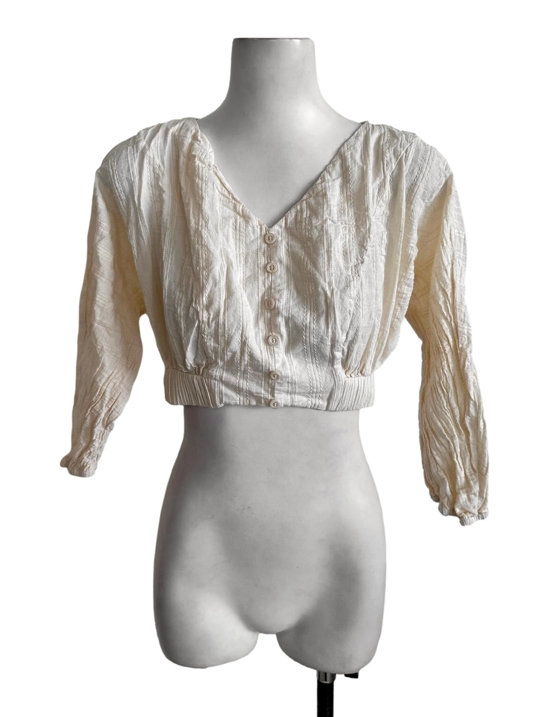 Cream Yellow Textured V Neck Button Top