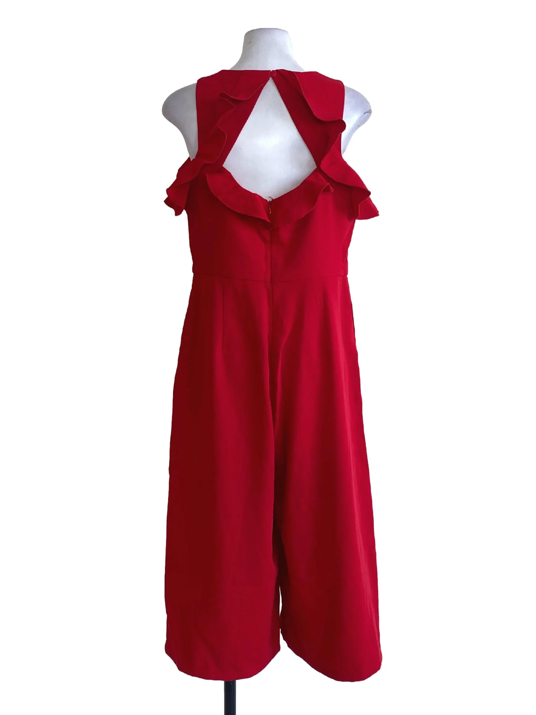 Crimson Red Round Neck Ruffle Detail Wide Leg Jumpsuit LB - Image 2