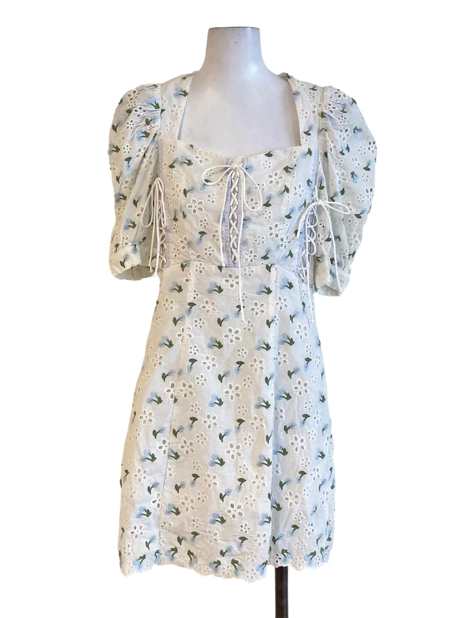 Daisy White Floral Embroidered Square Neck Tie Lace A-Line Dress