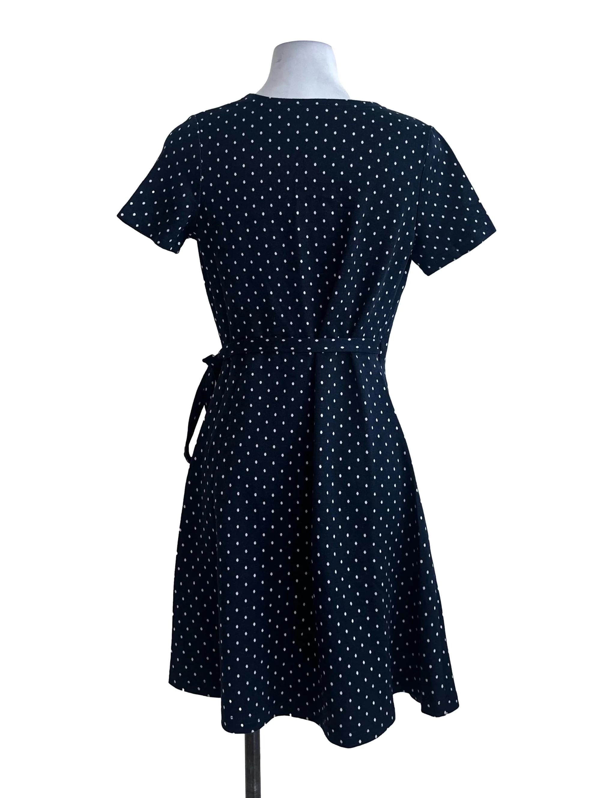 Dark Blue Polkadot V Neck Wrap Dress - Image 2