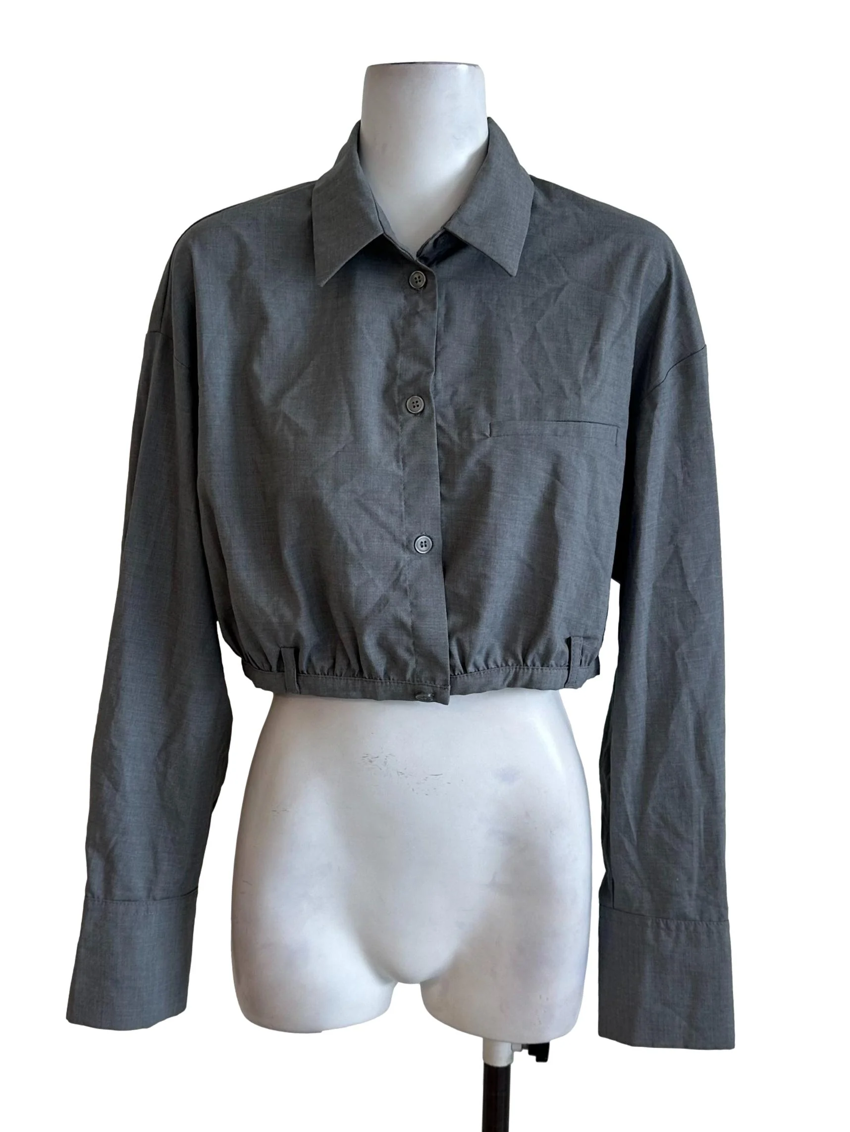 Dark Grey Collar Long Sleeve Crop Top