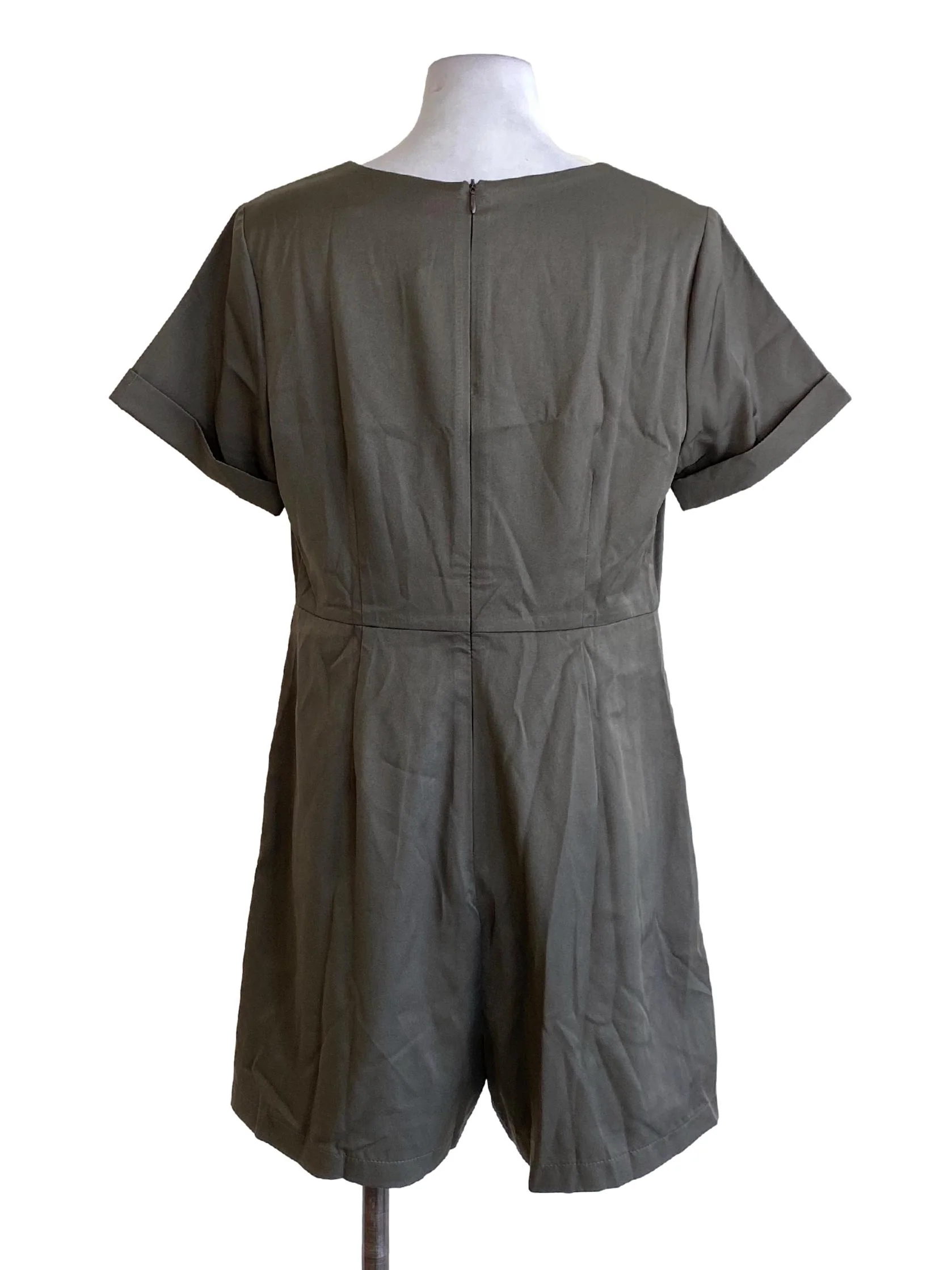 Dark Juniper Green Round Neck Rolled Up Sleeve Shirt Romper - Image 2