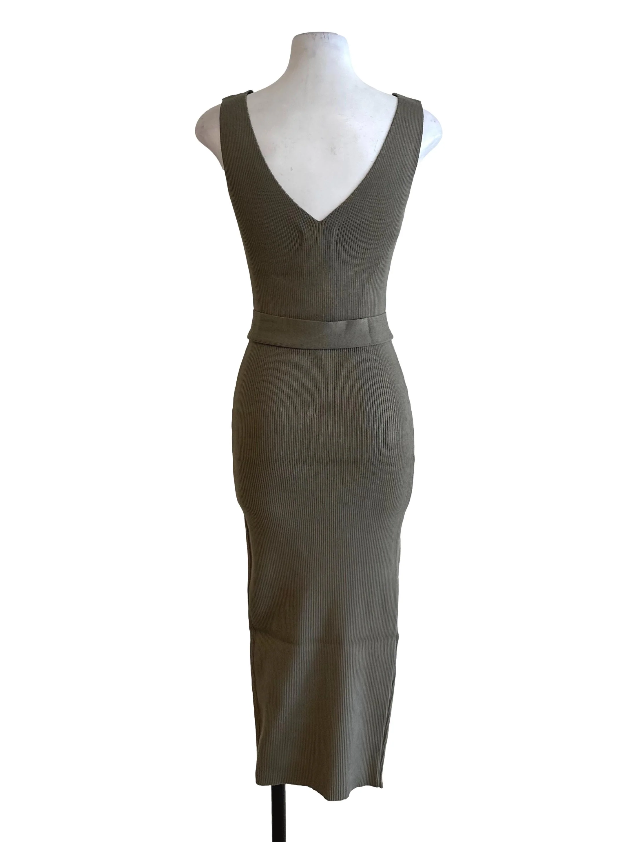 Dark Sage Green V Neck Knit Strap Dress - Image 2