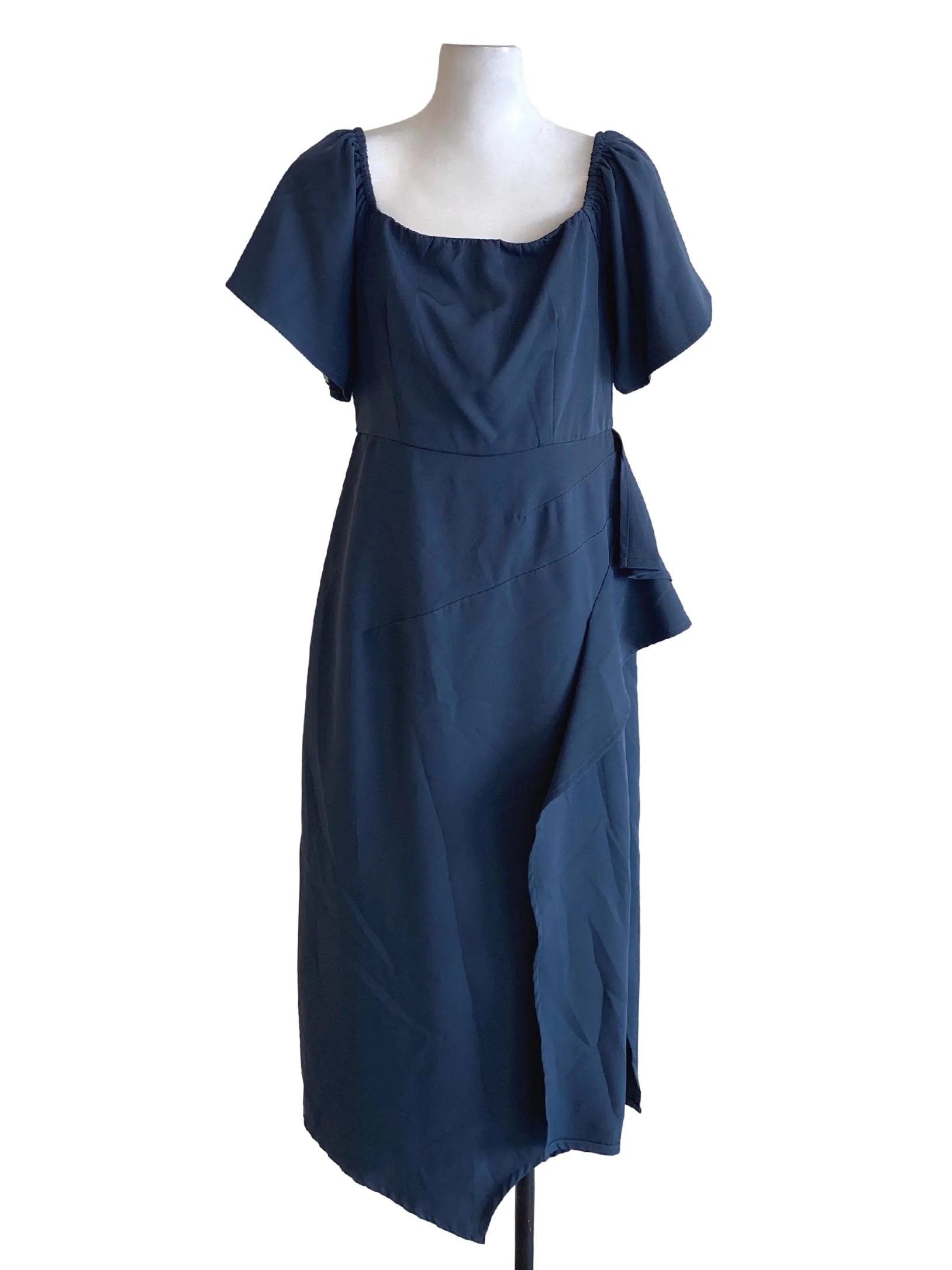 Deep Sea Blue Square Neck Ruffle Cape Sheath Dress