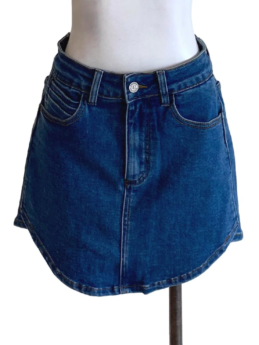Denim Blue Buttoned Waist Mini A-Line Jeans Skirt