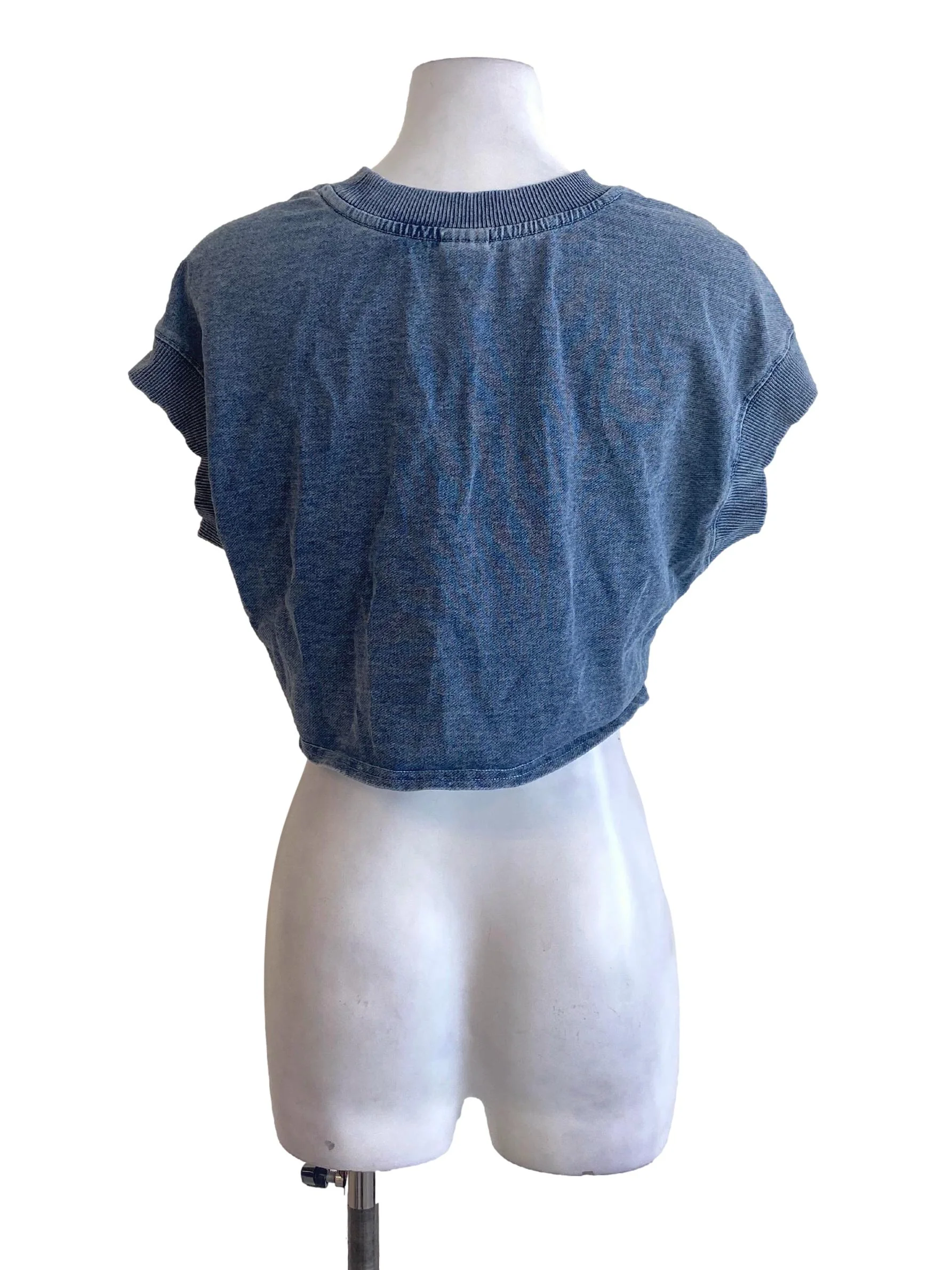 Denim Blue Round Neck Front Knot Jeans Cropped Top - Image 2