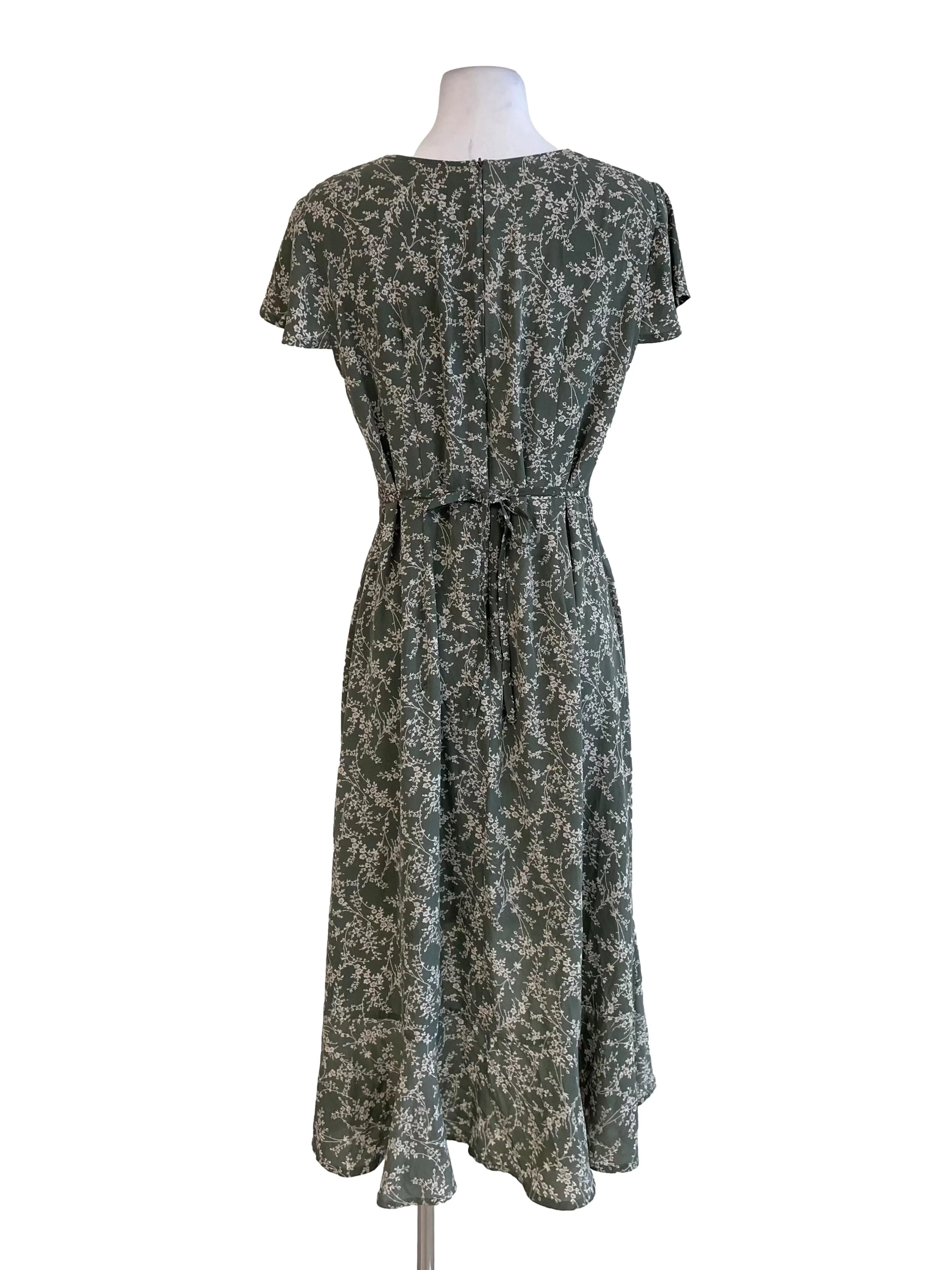 Dull Green Floral V Neck Dress - Image 2
