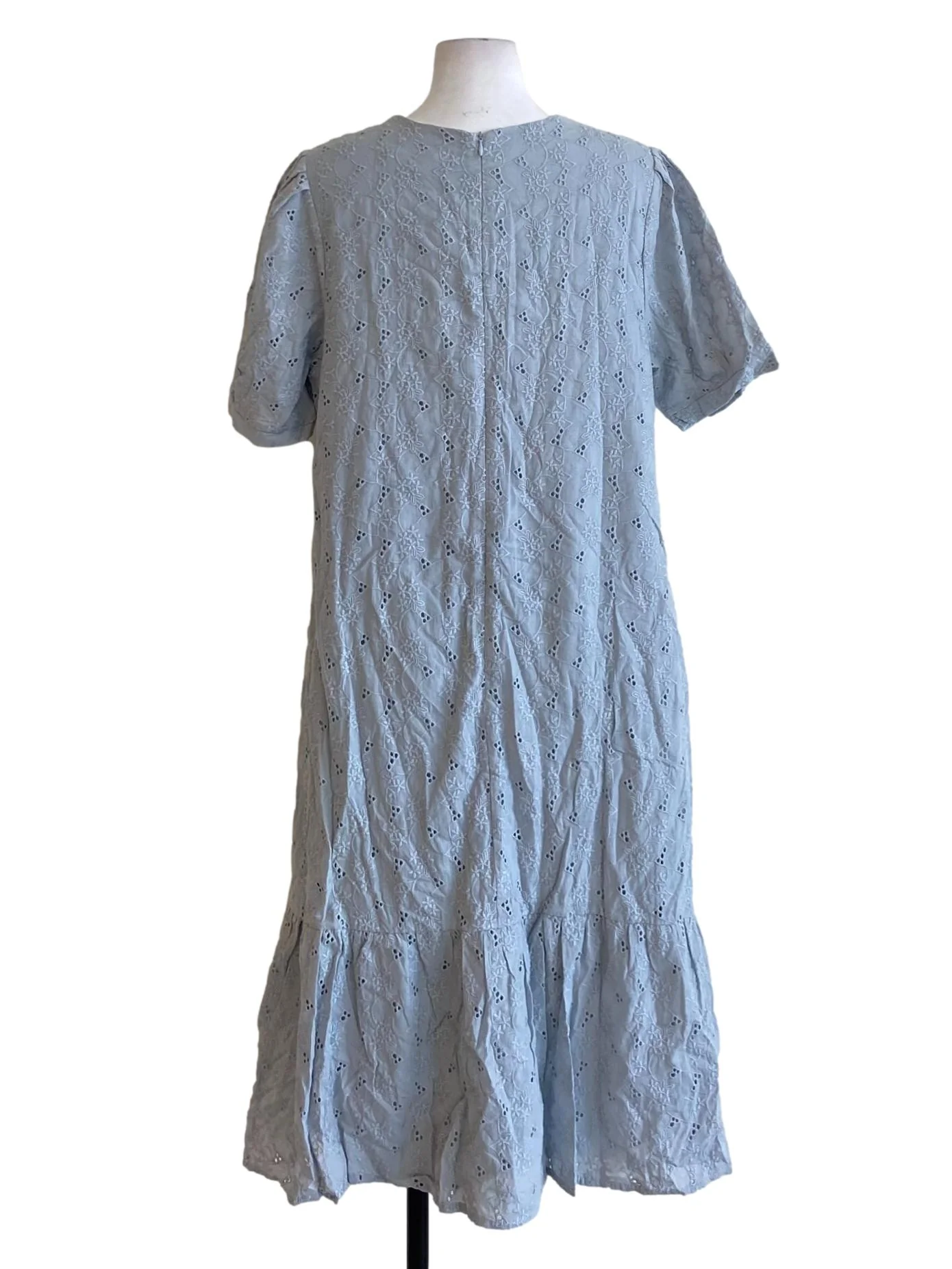 Dusty Blue Embroidered V-Neck Shift Drop Waist Dress - Image 2