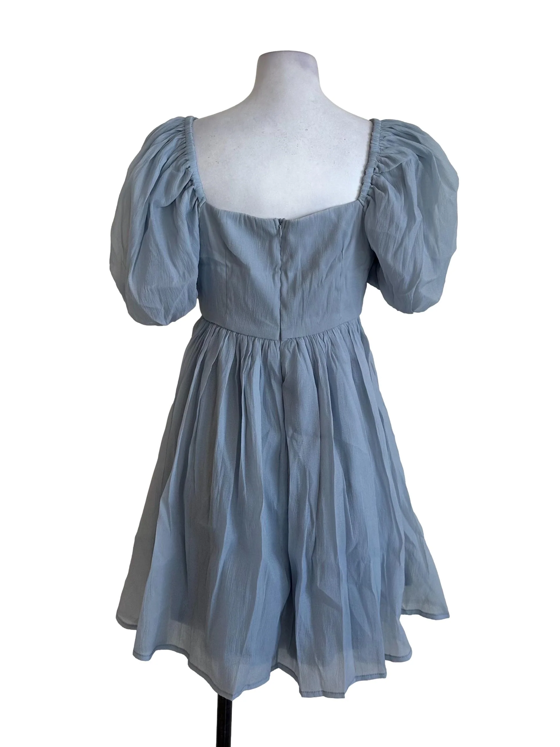 Dusty Blue Textured Puff Sleeve Dress - Image 2