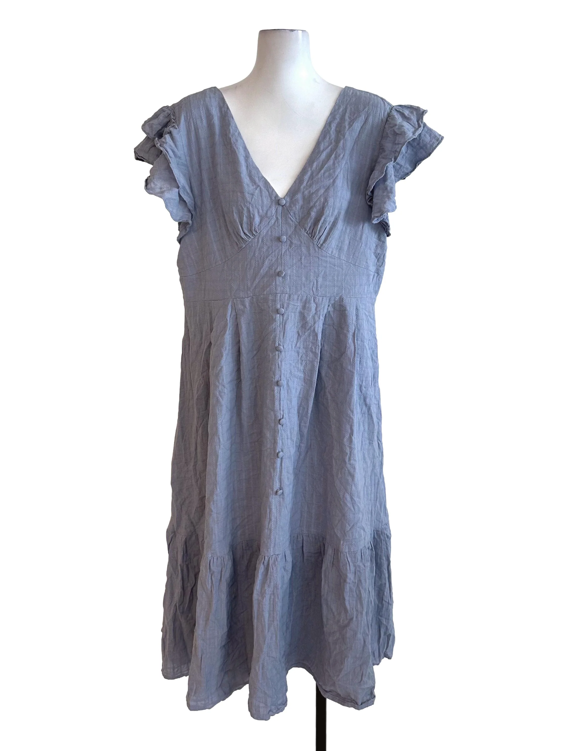 Dusty Blue V Neck Textured Ruffle Dress