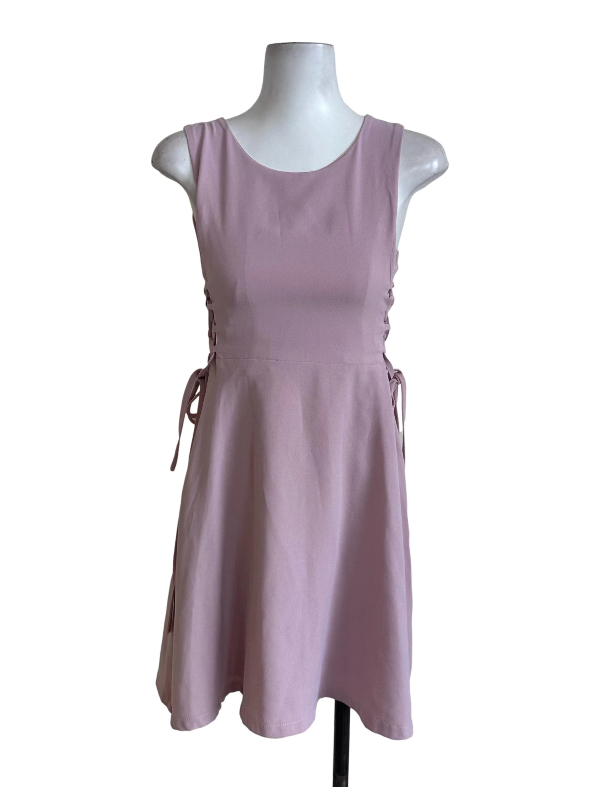 Dusty Pink Round Neck Side Tied Dress