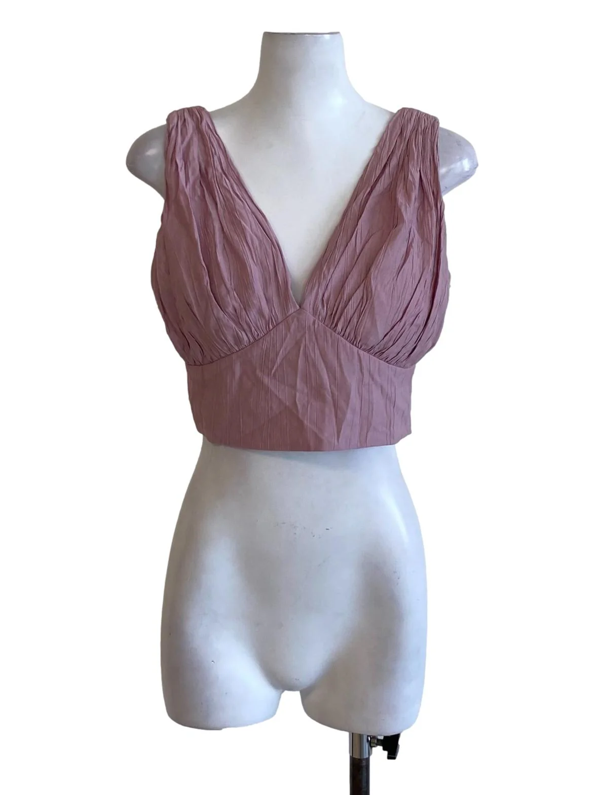 Dusty Pink V-Neck Zip Up Puffed Cropped Top