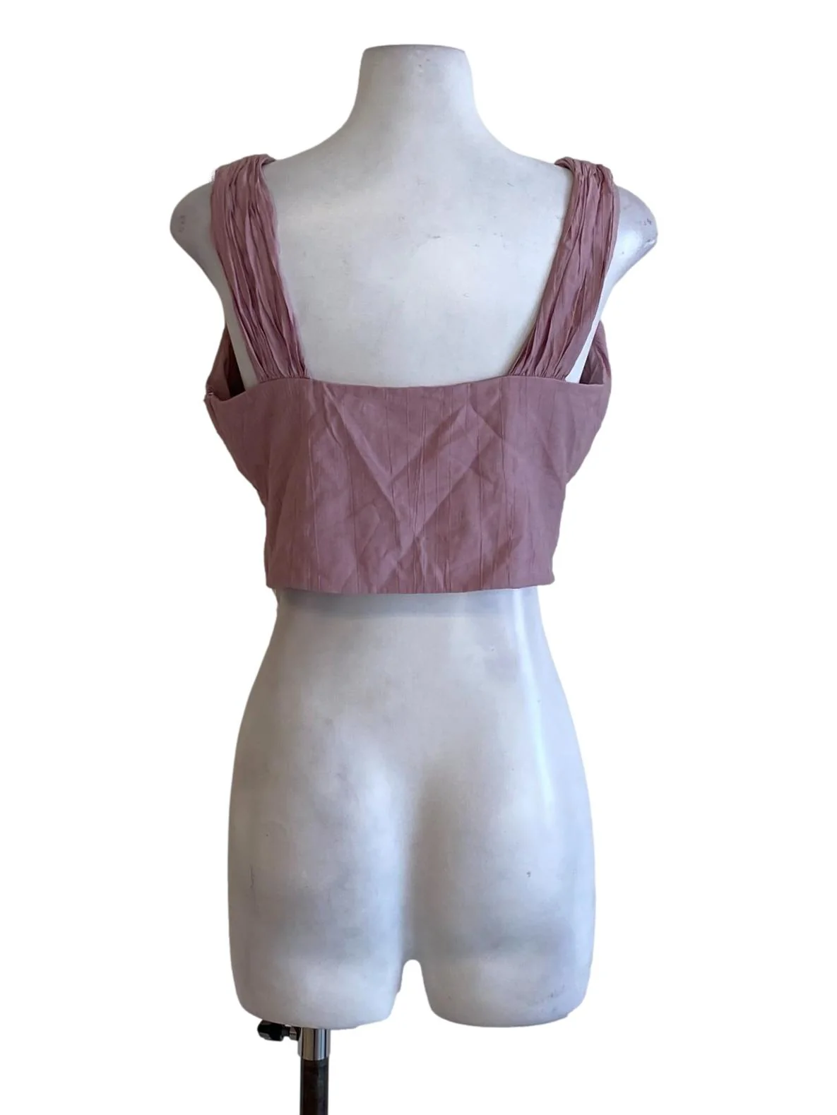 Dusty Pink V-Neck Zip Up Puffed Cropped Top - Image 2
