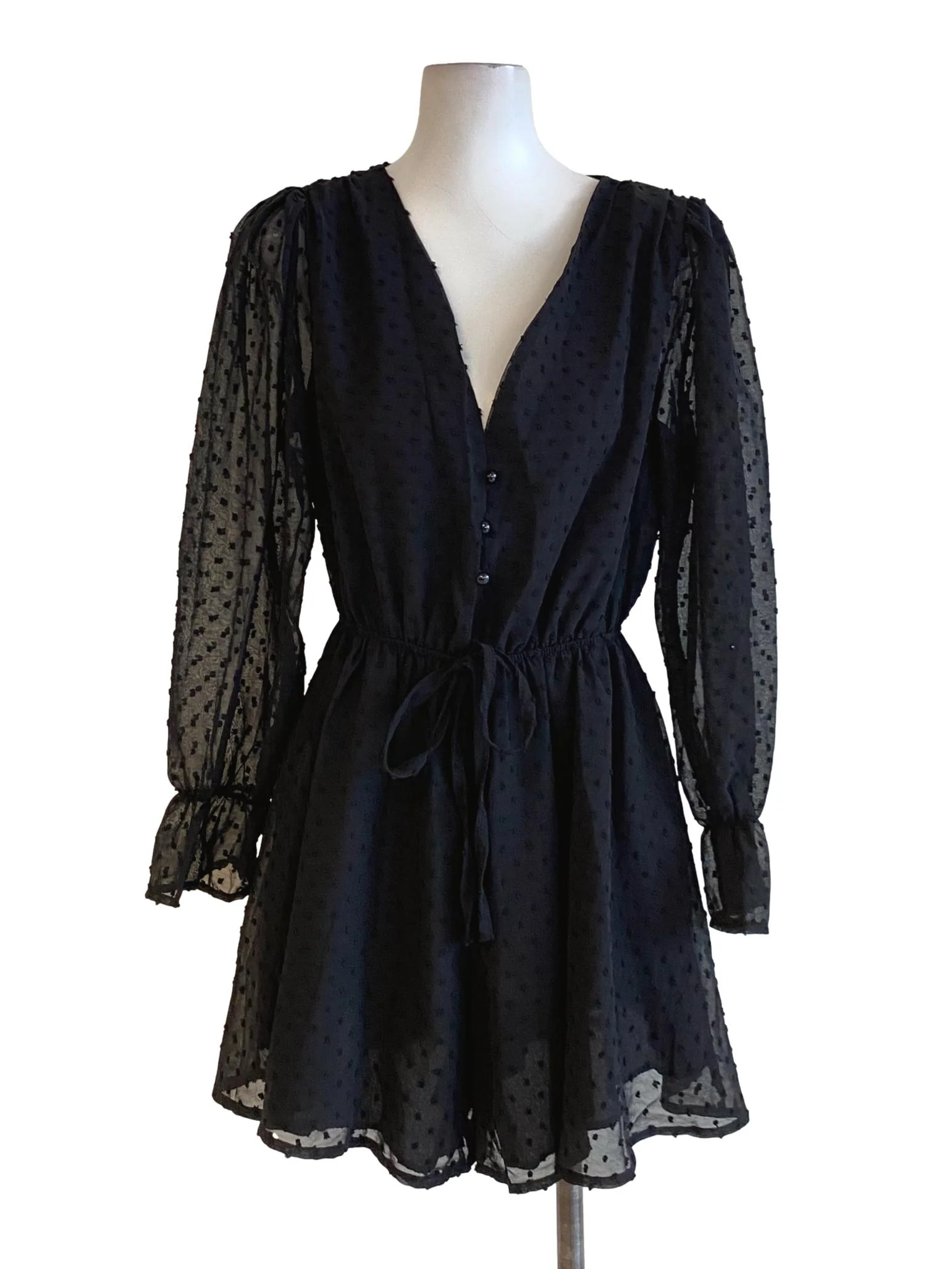 Ebony Black V-Neck Buttoned Down Mesh Flowy A-Line Dress