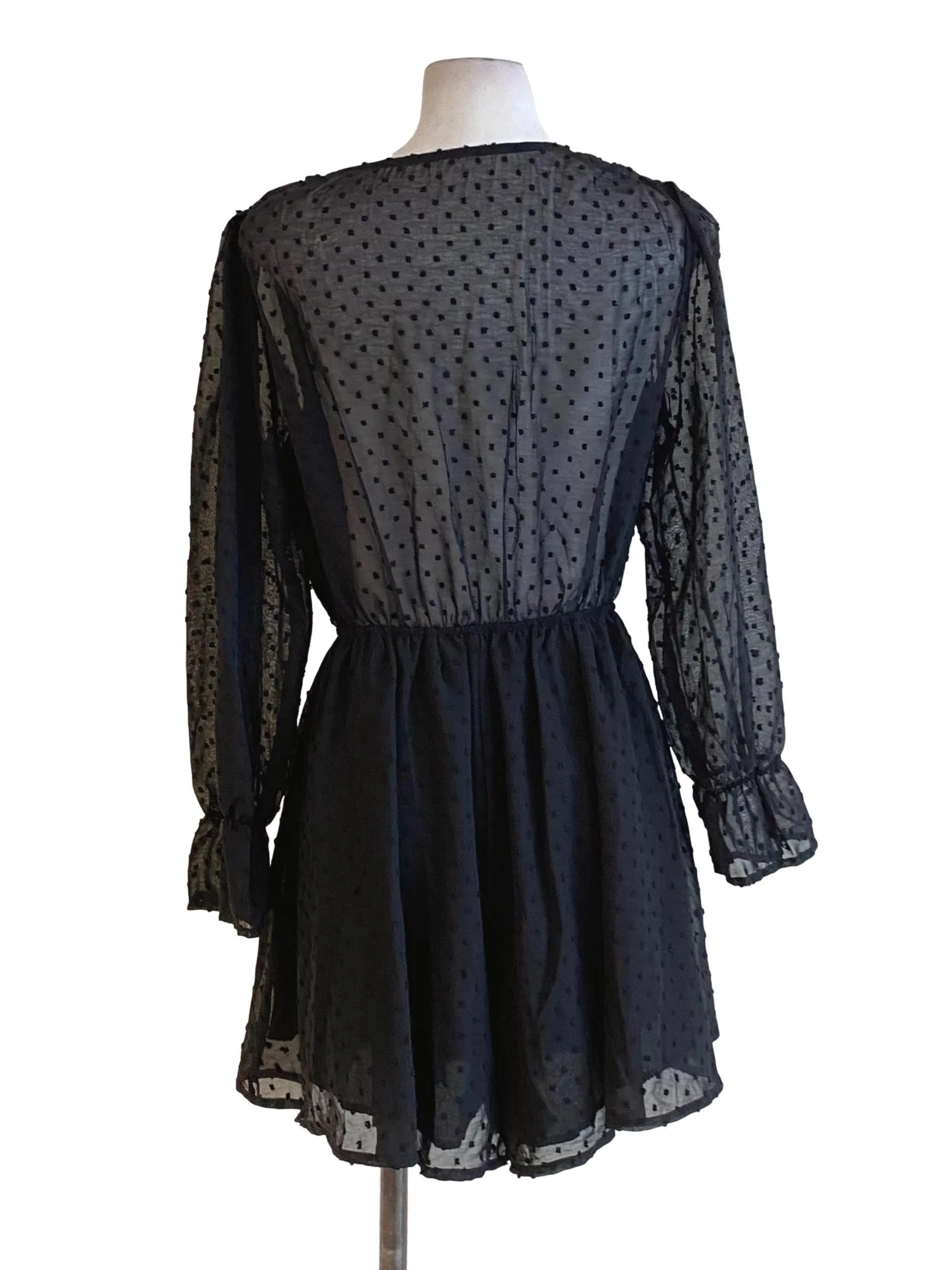 Ebony Black V-Neck Buttoned Down Mesh Flowy A-Line Dress - Image 2