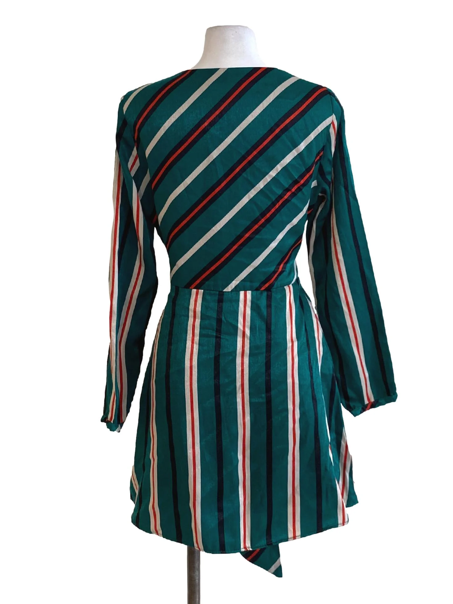 Emerald Green Stripes V-Neck Long Sleeve Wrap Romper - Image 2