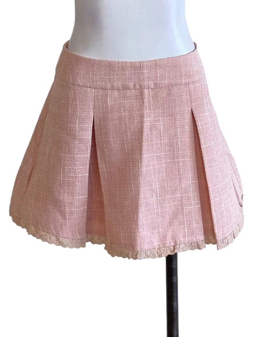 Flamingo Pink Lace Hem Distant Pleated Mini Skirt