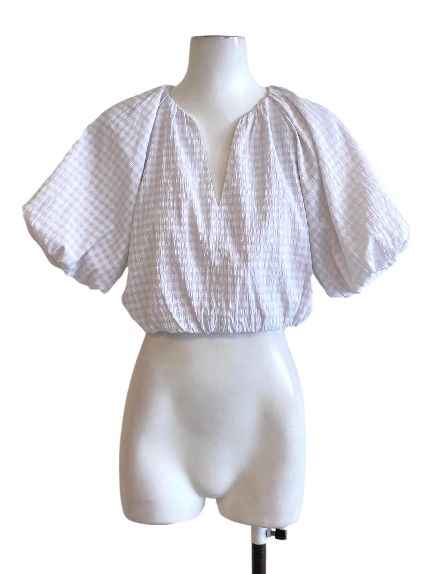 Flint Grey Plaid Textured Balloon Puffed Cropped Top LB