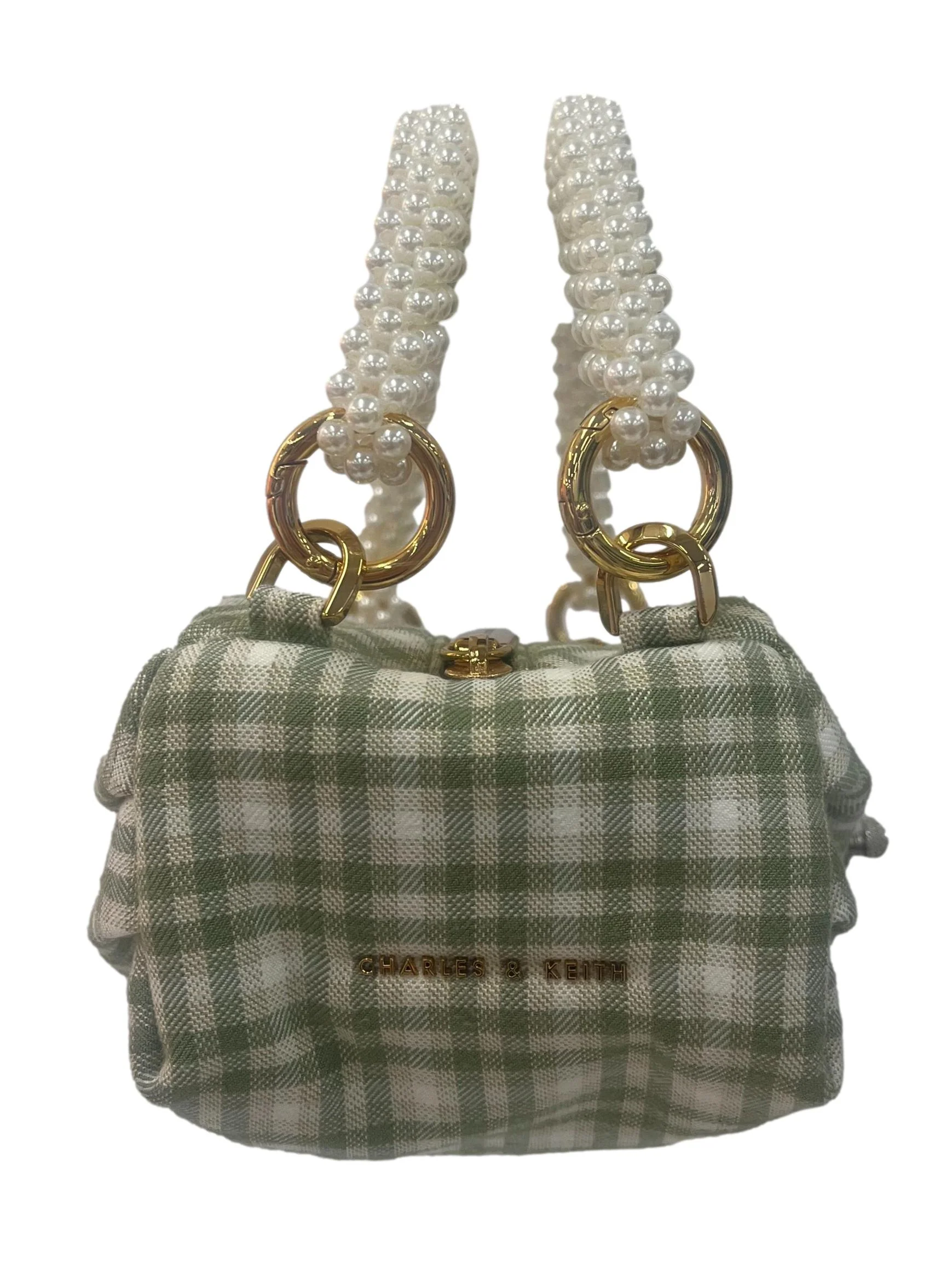 Green And Cream Checkered Mini Handbag With Pearl Handle - Image 3