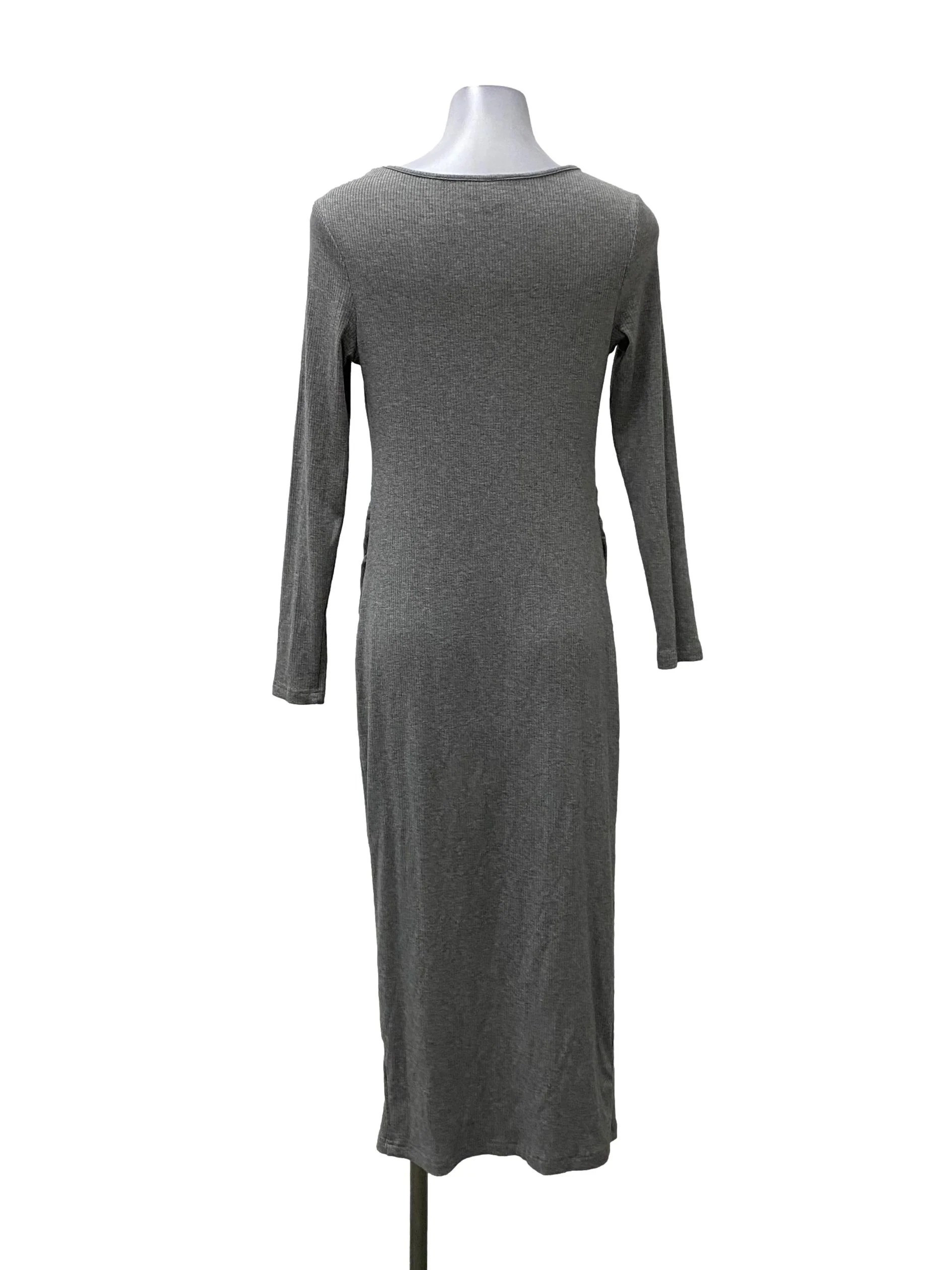 Grey V-Neck Long Sleeved Ribbed Dress - Image 2