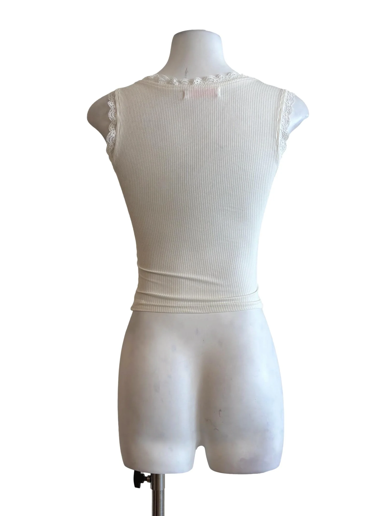 Ivory White Fitted Ribbed Lace Top - Image 2