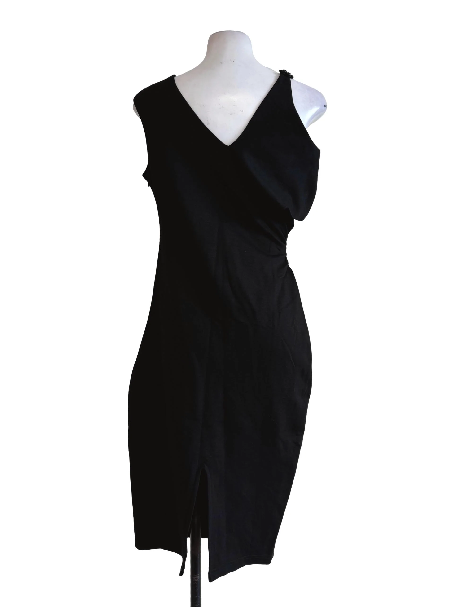 Jet Black Asymmetric Neck Pencil Dress - Image 2